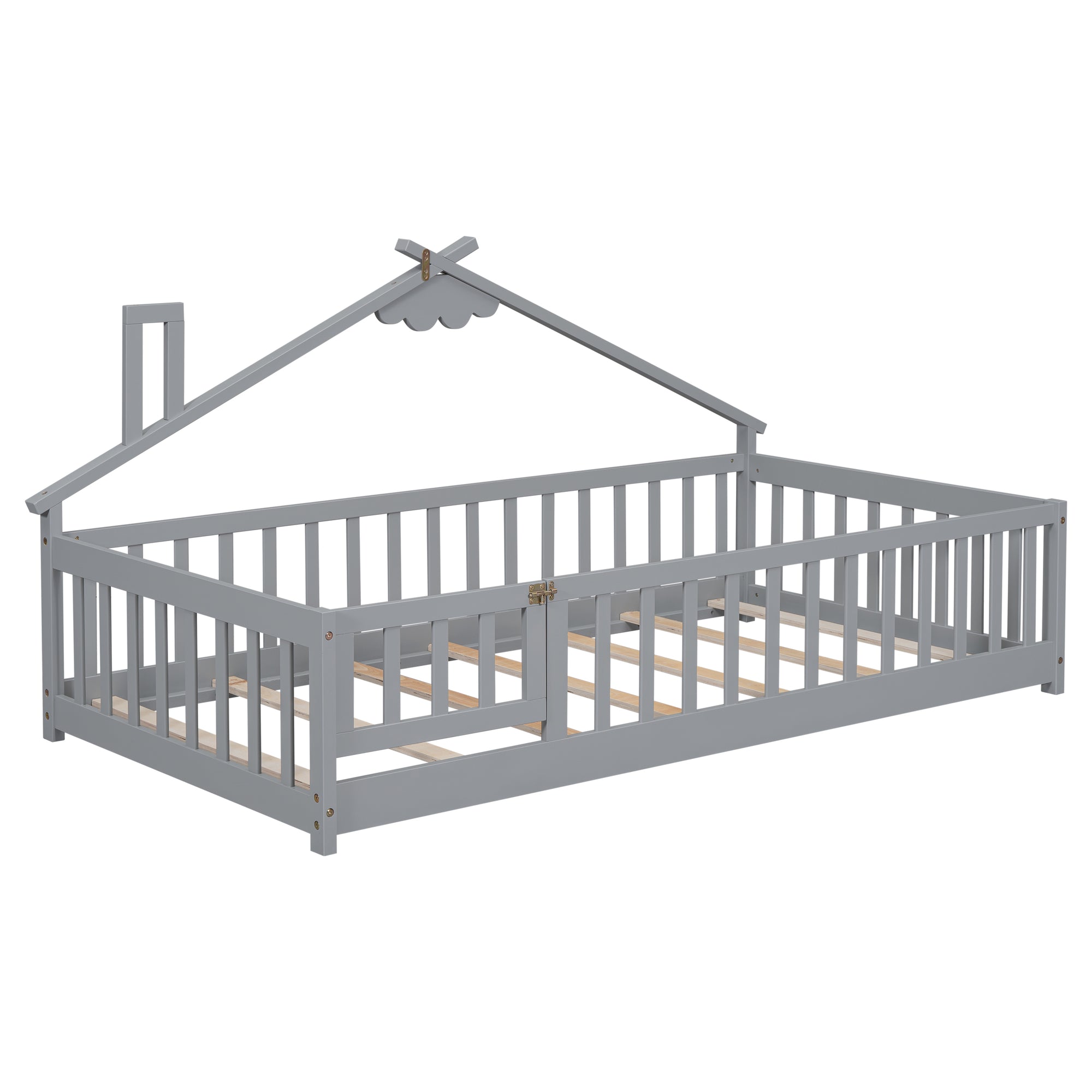 Twin House-Shaped Bedside Toddler Floor Bed with Guardrails and Door in Gray