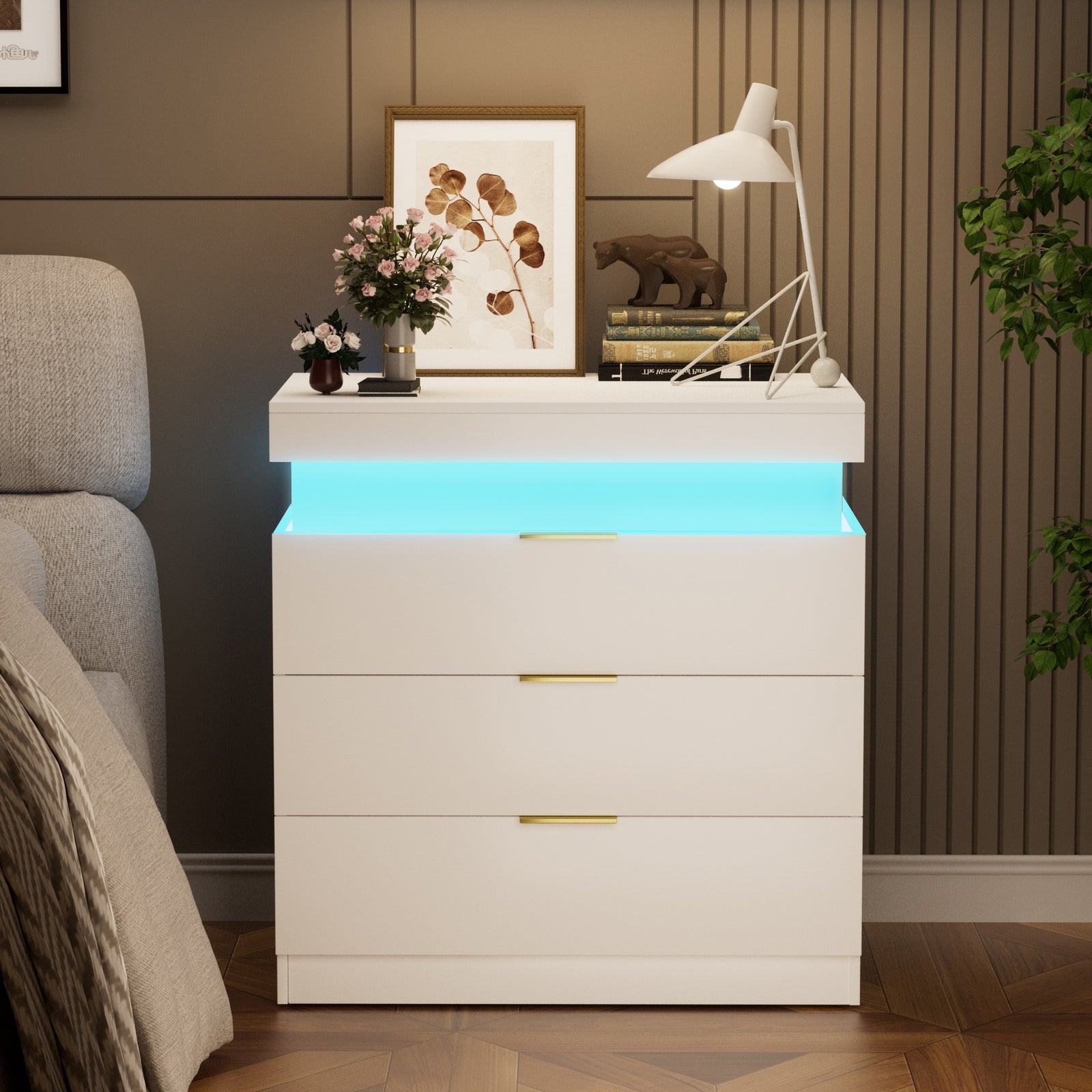 29" White Modern Nightstand with Charging Station & LED Lighting