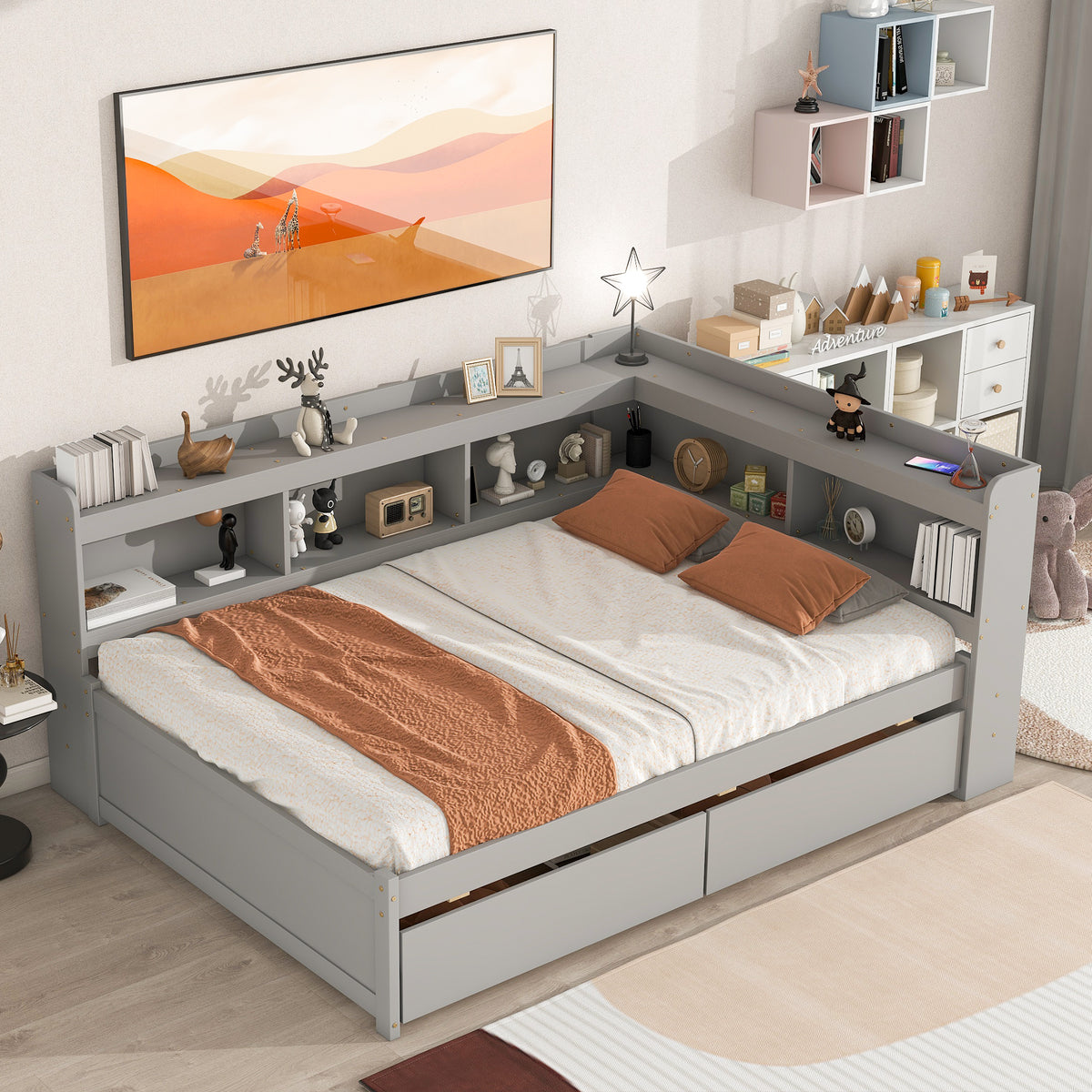 Full Gray Bed with L-Shaped Bookcases and Drawers