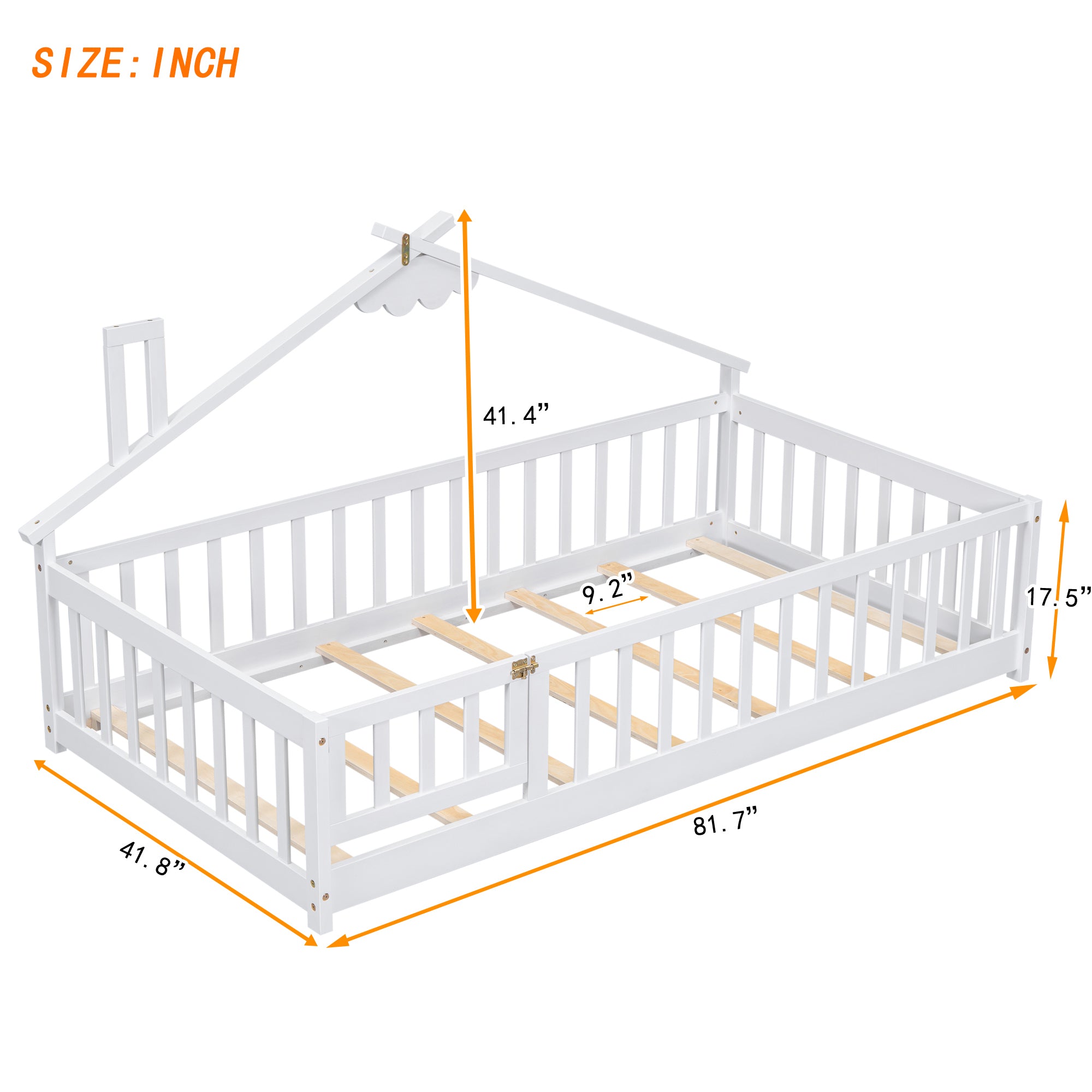 Twin House-Shaped Bedside Toddler Floor Bed with Guardrails, Slats & Door