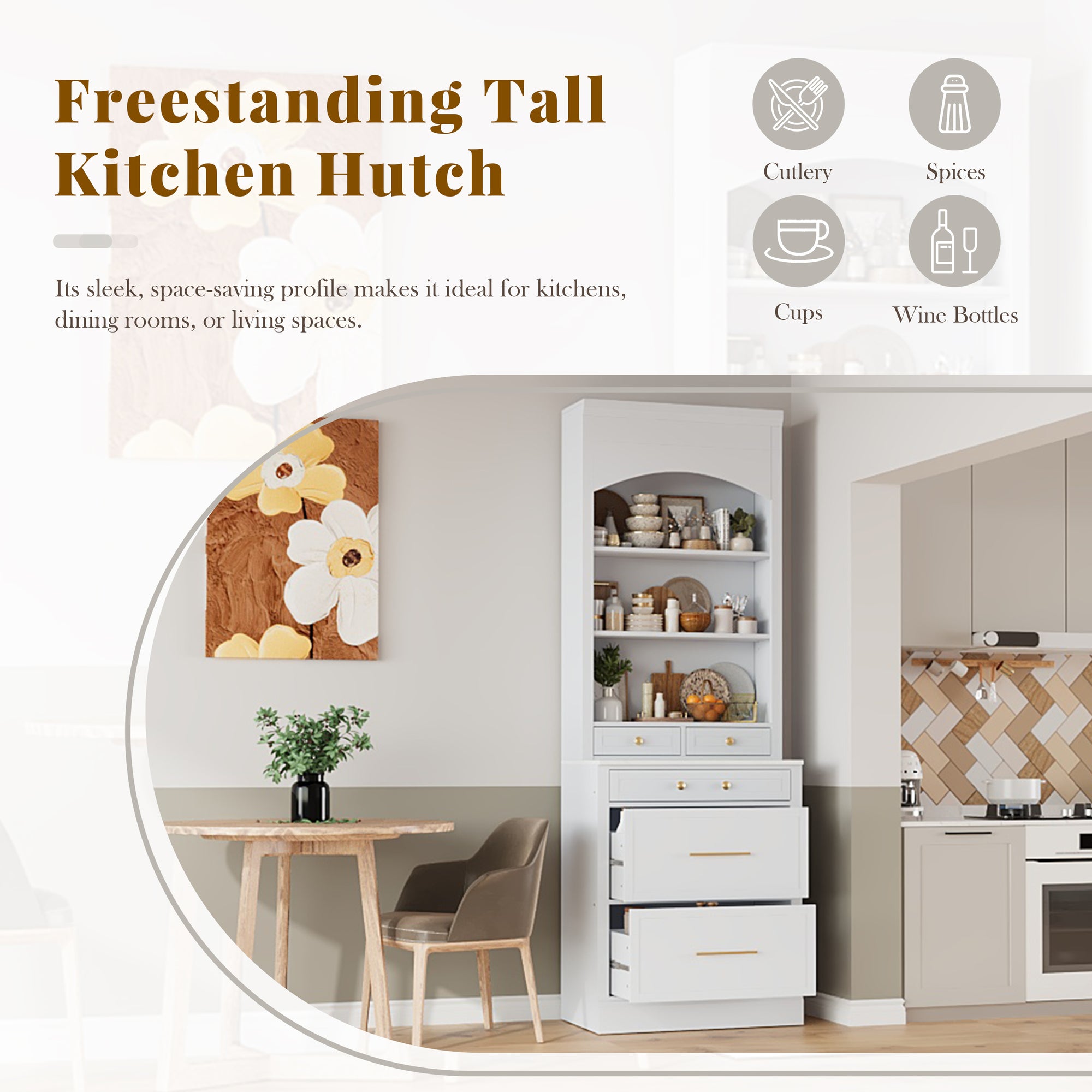 Modern 83.7 Inch High Kitchen Pantry with Faux Marble Top and 5 Storage Drawers Set of 2 Freestanding Cabinet In White