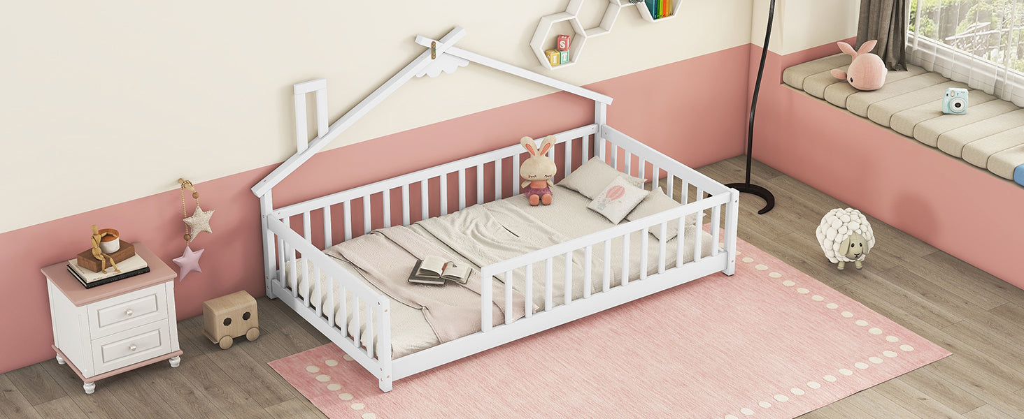 Twin House-Shaped Toddler Floor Bed with Guardrails and Slats