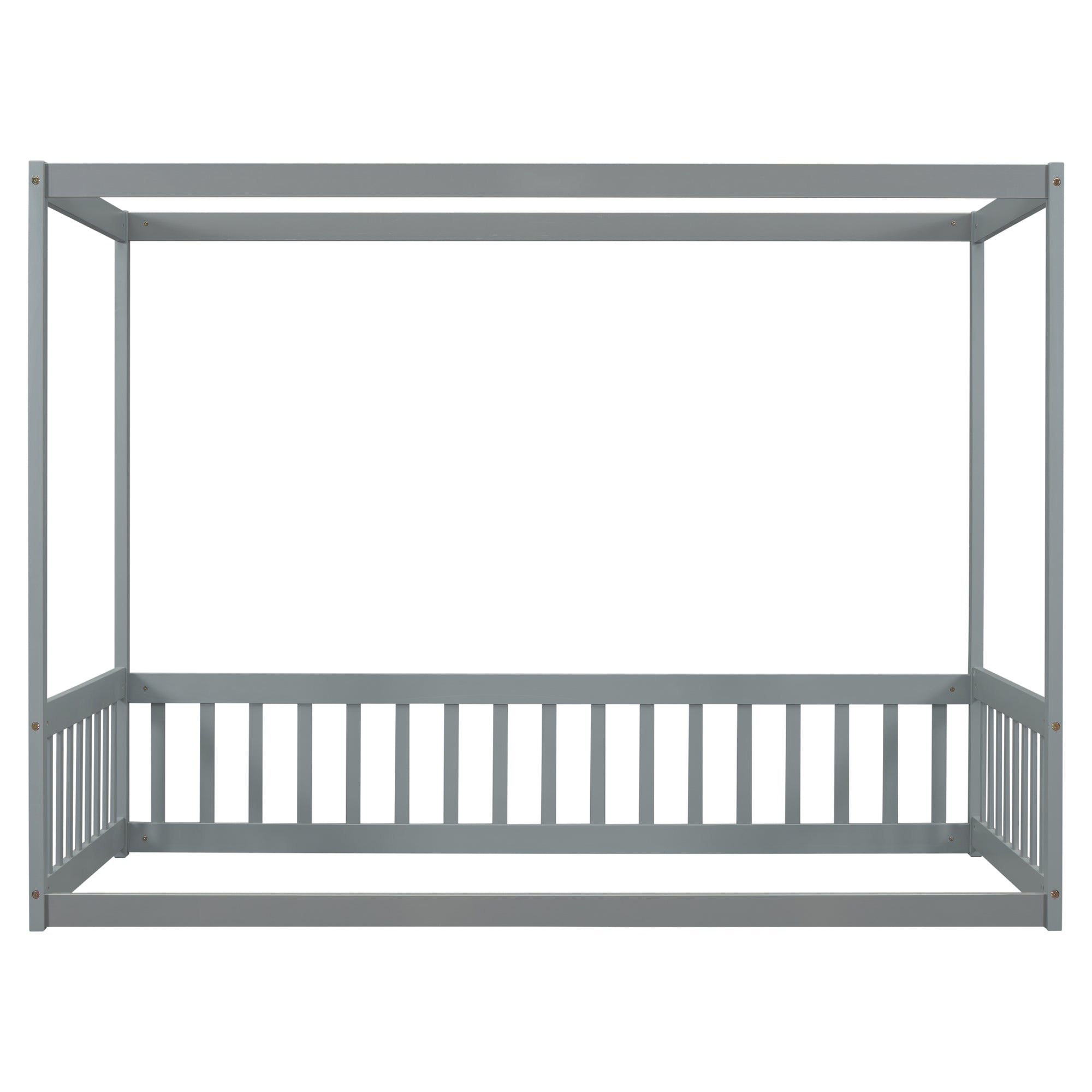 Gray Twin Size Canopy Frame Floor Bed with Fence and Guardrails