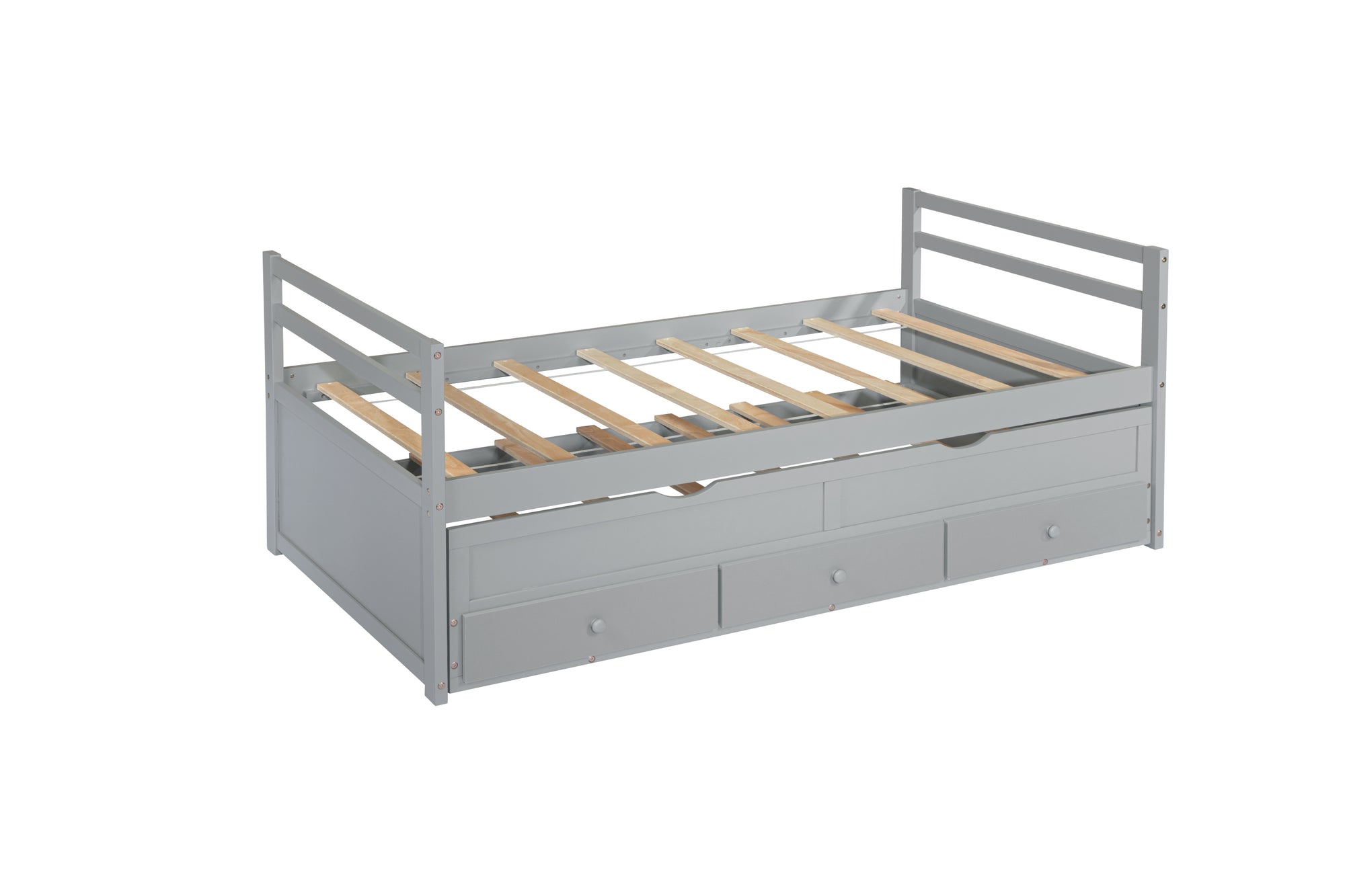 Gray Twin Size Bed with Headboard, Footboard, Trundle, and Three Storage Drawers