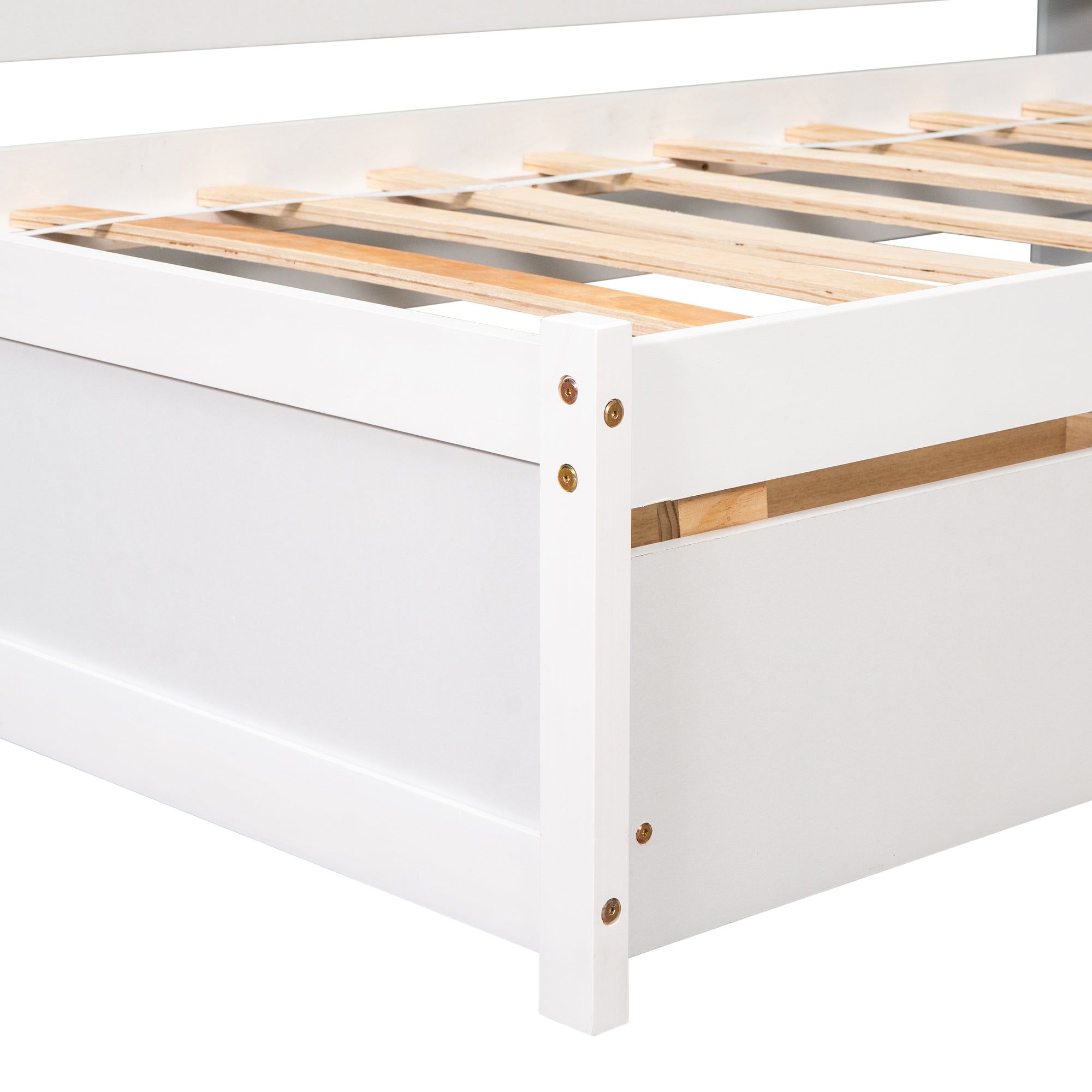 White Twin Bed with L-Shaped Bookcases and Storage Drawers