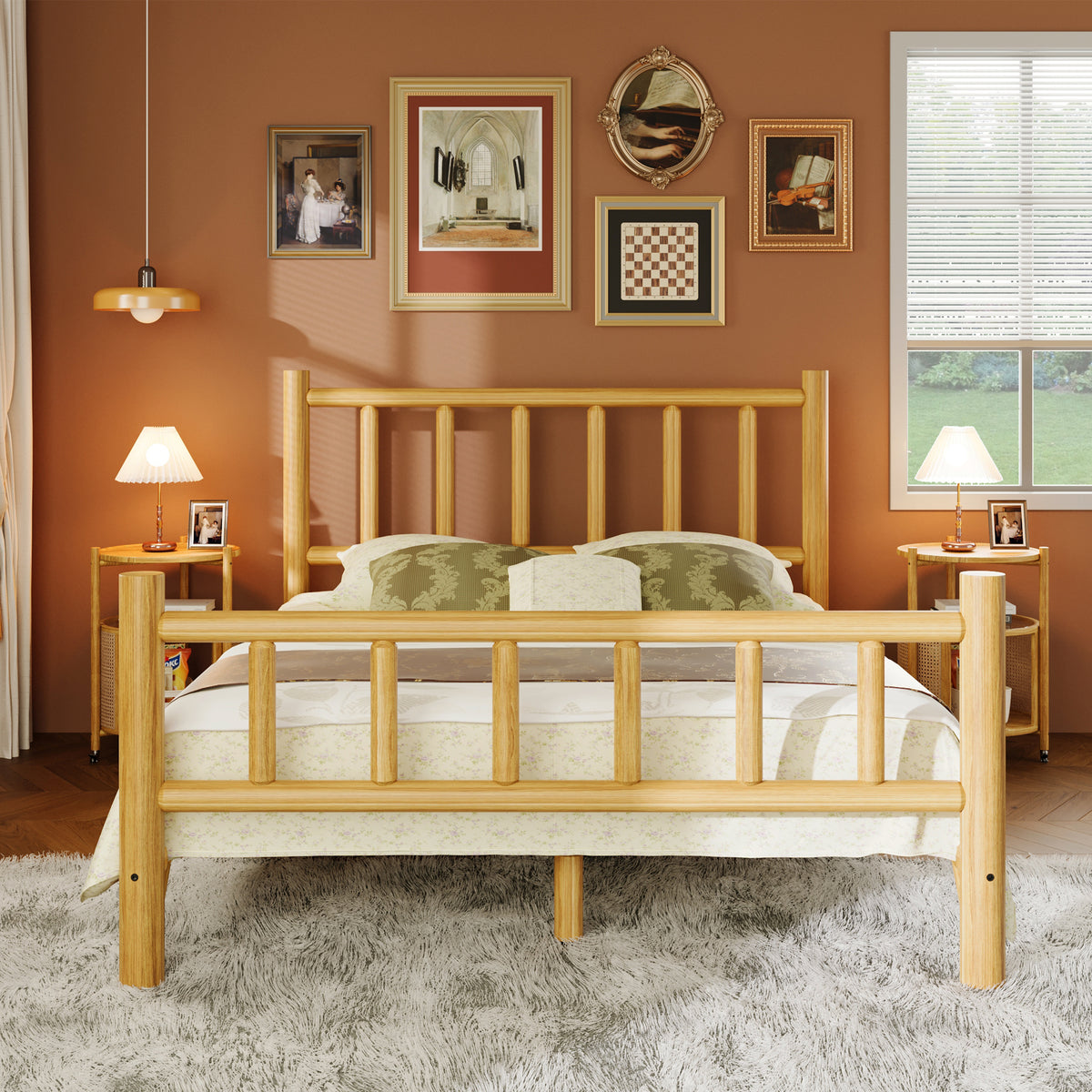 Natural Finish Queen Farmhouse Round Timber Bed Frame