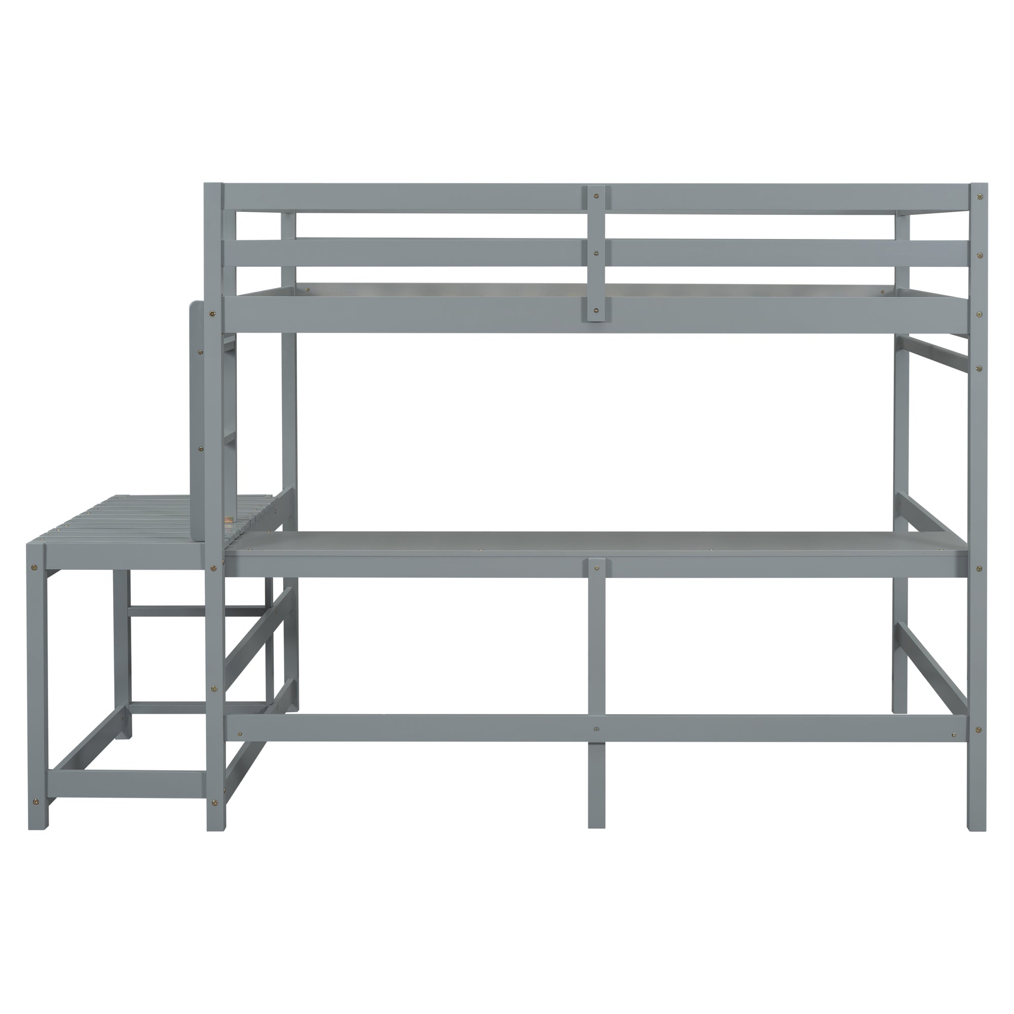 Gray Full Size High Loft Bed with Built-in Desk, Ladder Platform, and Guardrails