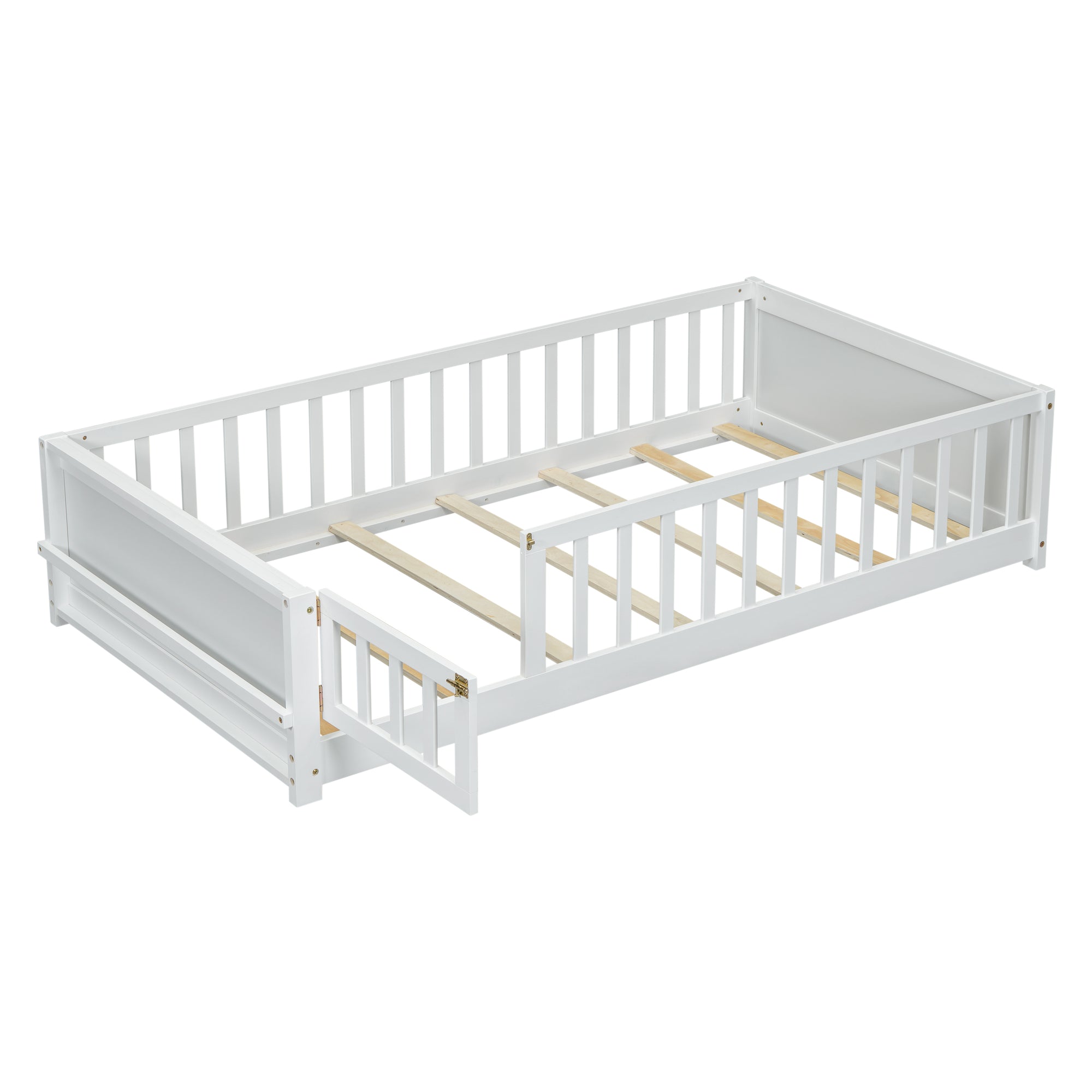 White Twin Toddler Floor Platform Bed with Built-in Book Storage Rack and Door