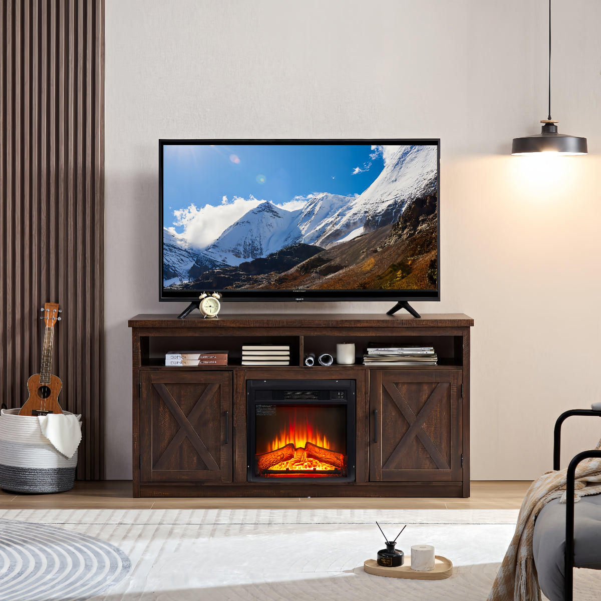 Farmhouse TV Media Stand with Fireplace Insert for TVs Up to 65 Inches with Open Shelves and Cabinets In Espresso