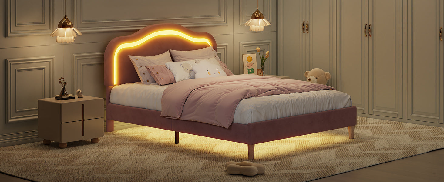 Pink Twin Velvet Upholstered Bed Frame with Adjustable LED Lights