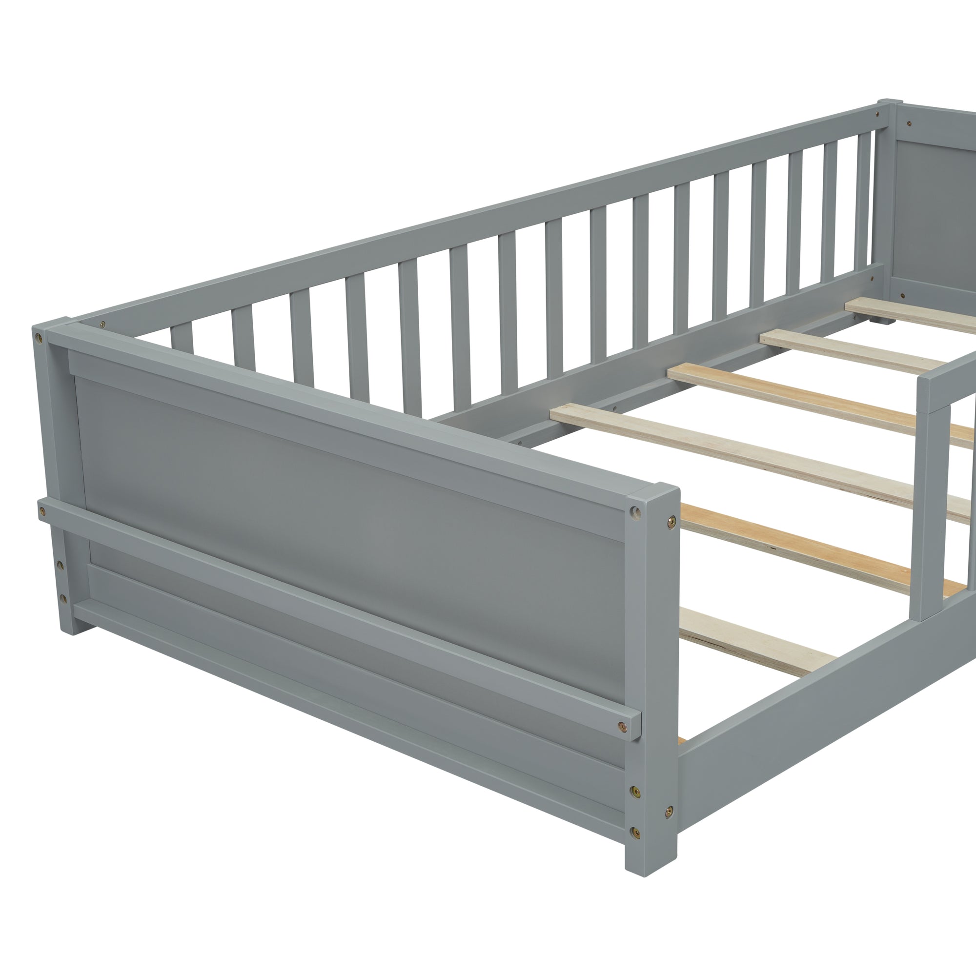 Gray Twin Toddler Floor Bed with Built-in Book Storage Rack