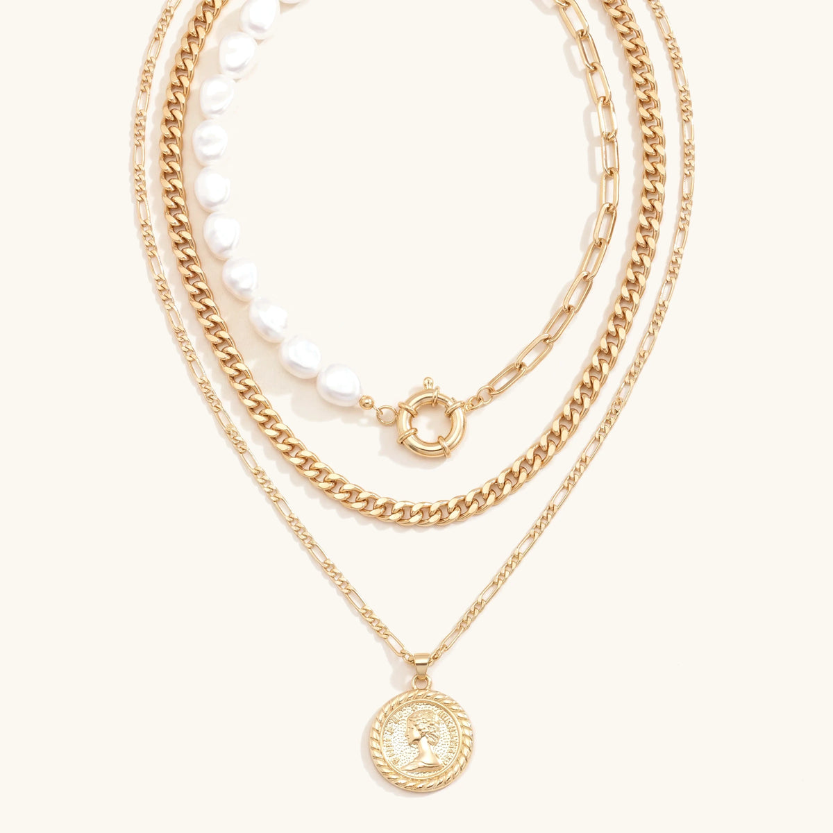 Gold 3 piece pearl and vintage pendant layered necklace set with coin medallion