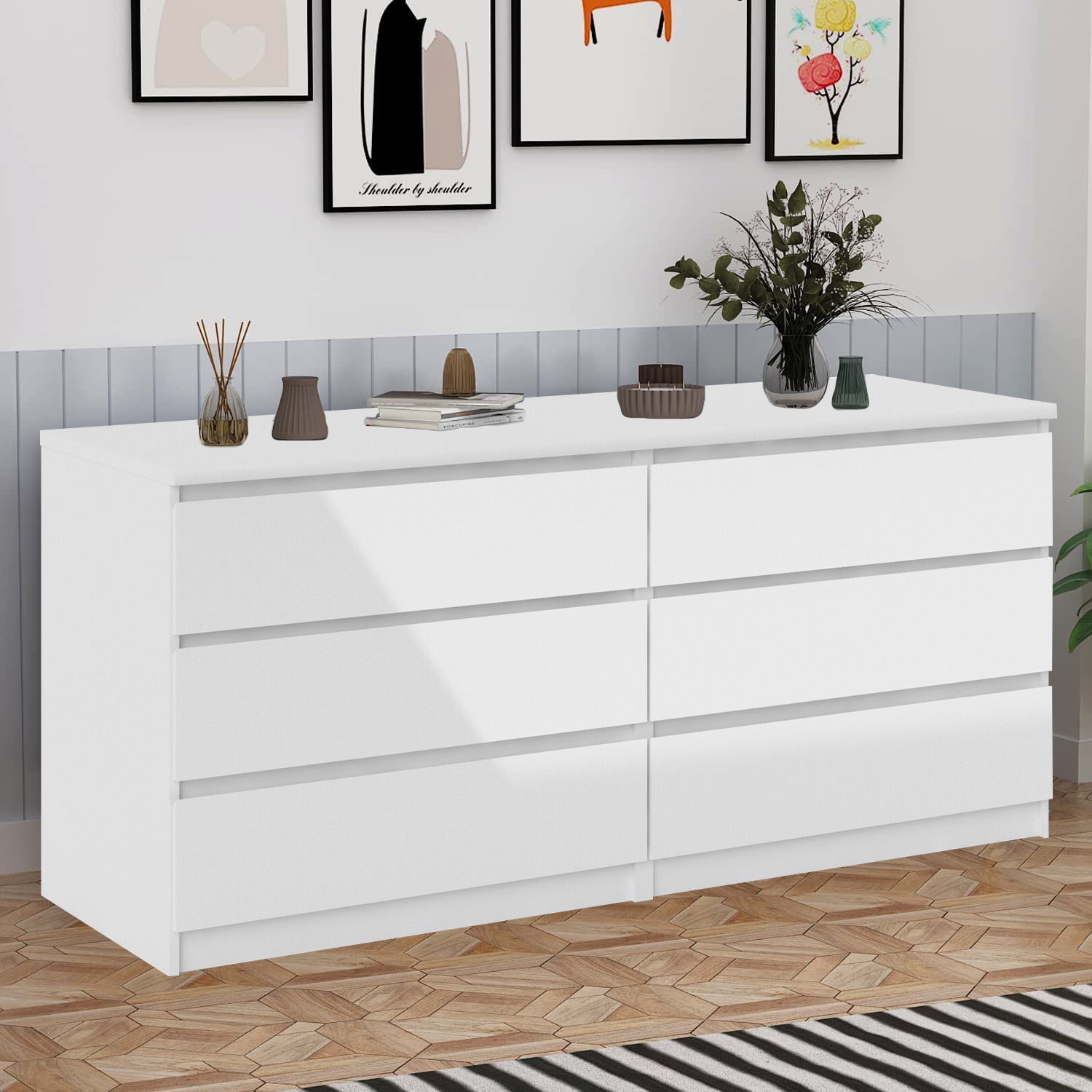 6 Drawer Double Dresser for Bedroom Living Room Hallway In White