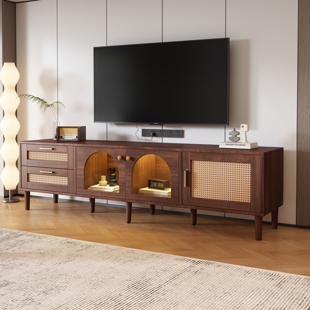 Rattan TV Stand with 3 Cabinets &amp; 2 Drawers for TVs up to 80 Inches LED Light Media Console Table In Dark Brown