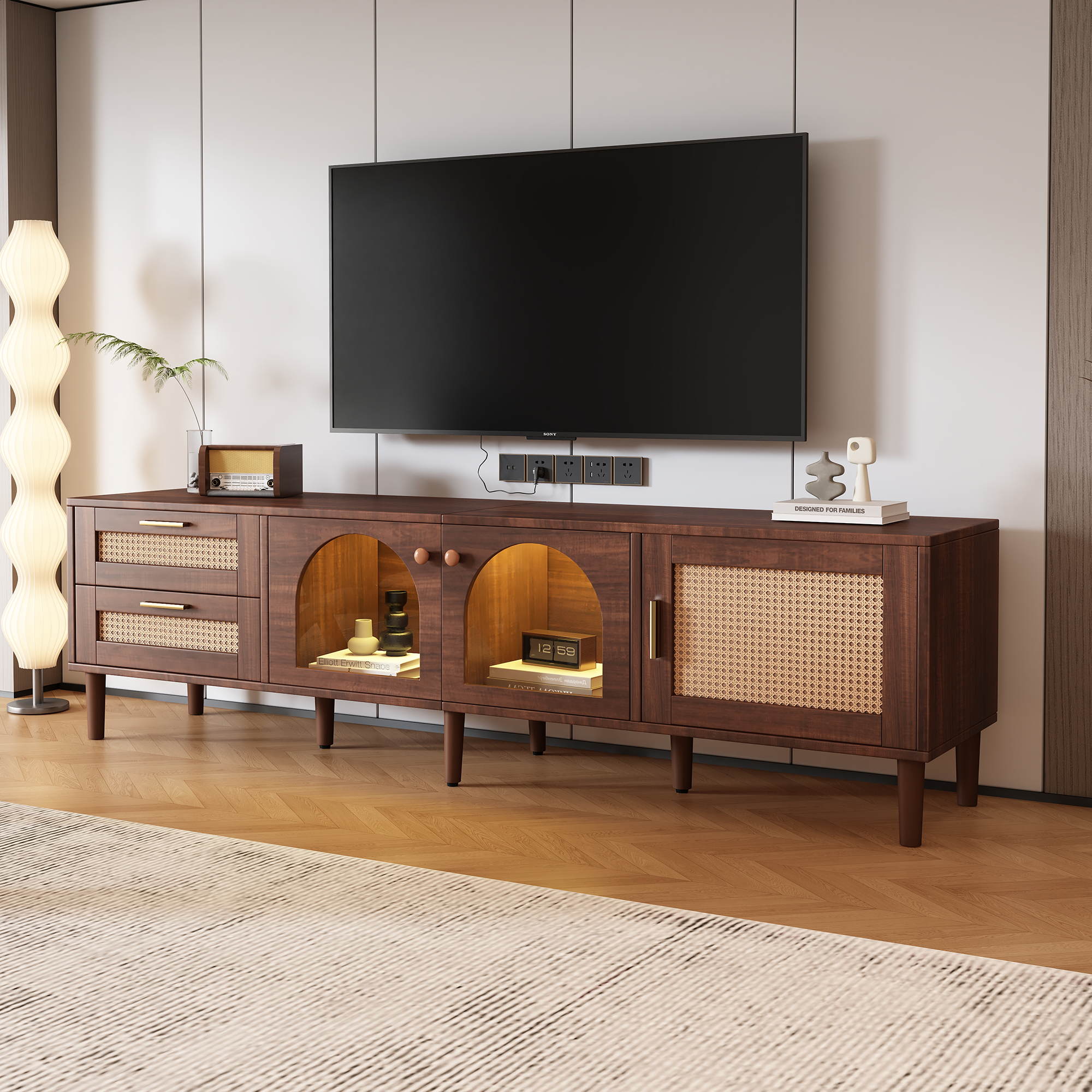 Rattan TV Stand with 3 Cabinets & 2 Drawers for TVs up to 80 Inches LED Light Media Console Table In Dark Brown