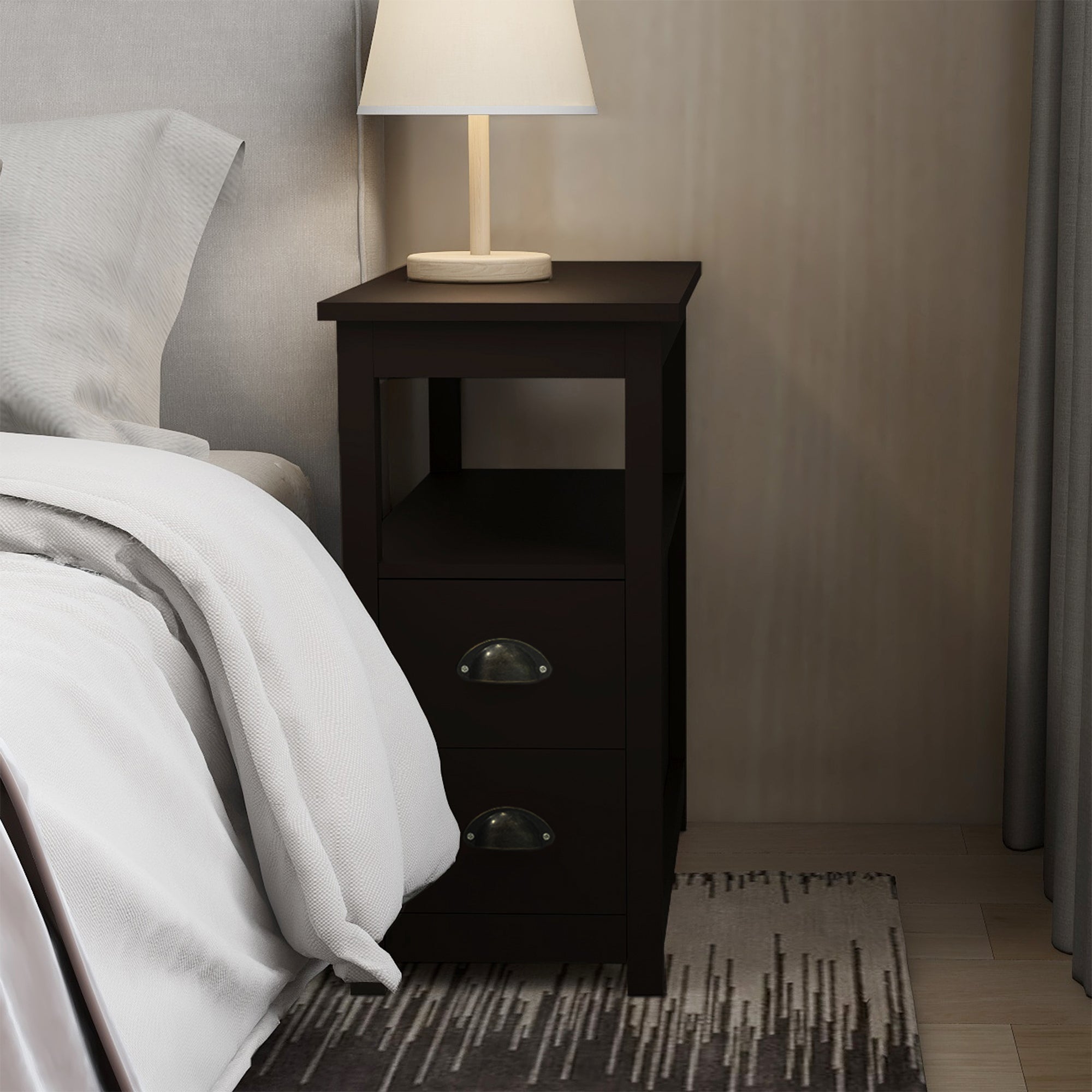 End Table Narrow Nightstand With Two Drawers And Open Shelf In Brown