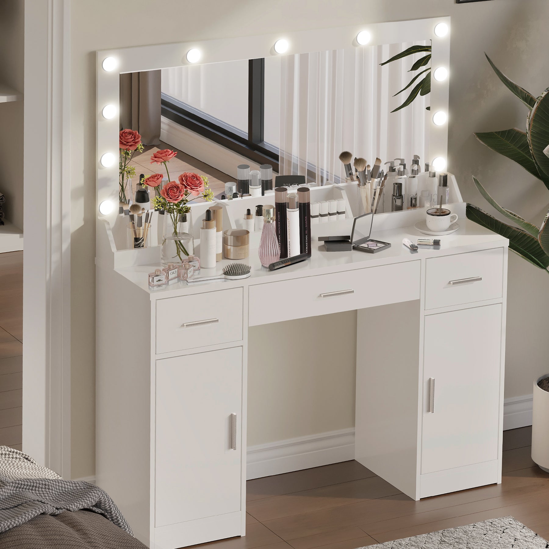 47.2 Vanity Desk with Large Mirror and 3 Lighting Modes Adjustable Brightness with 3 Drawers and 2 Cabinets In White