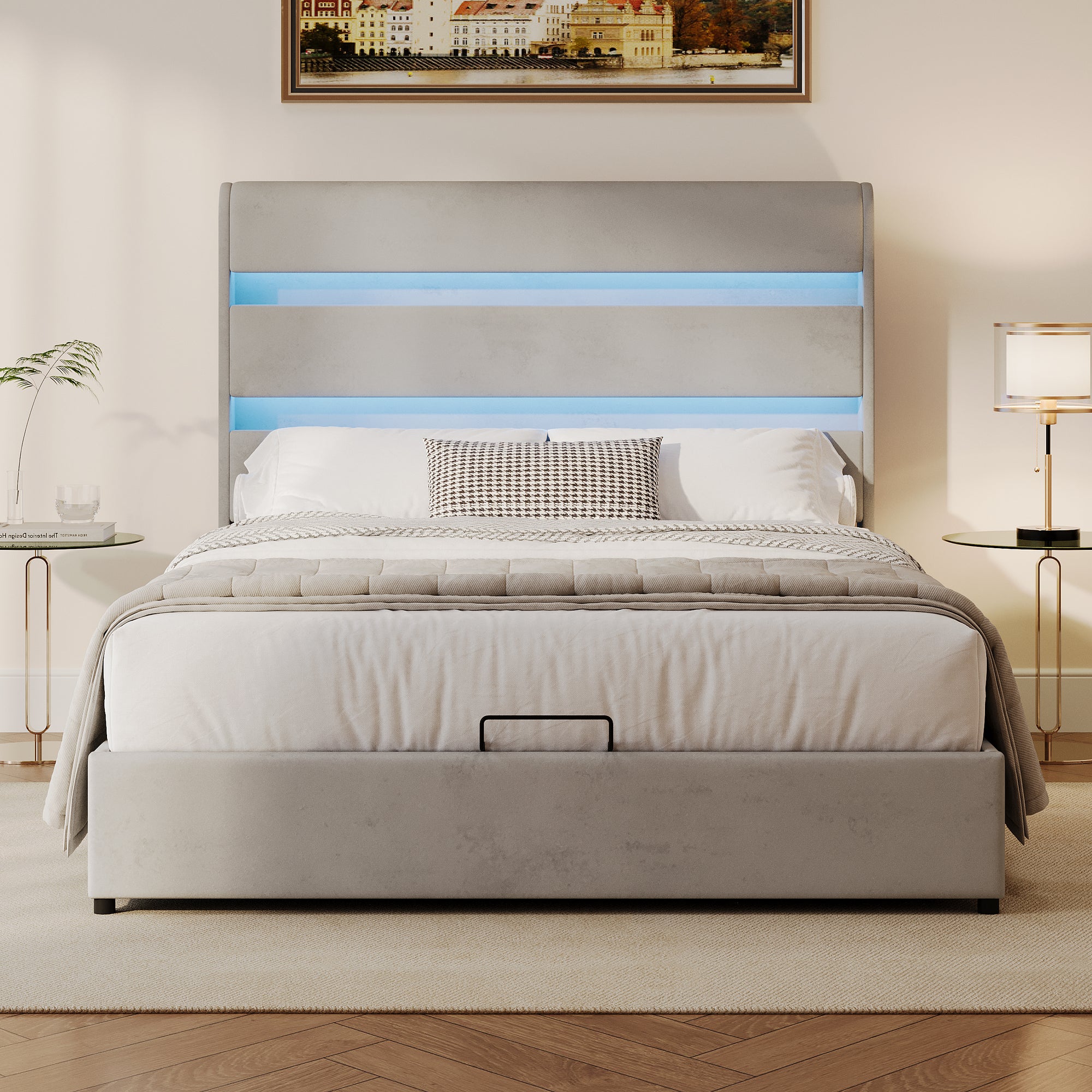 Gray Velvet Queen Hydraulic Storage Bed with LED Lights