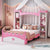 Castle-Shaped Wooden Bed with Storage for Kids Bedroom In White and Pink