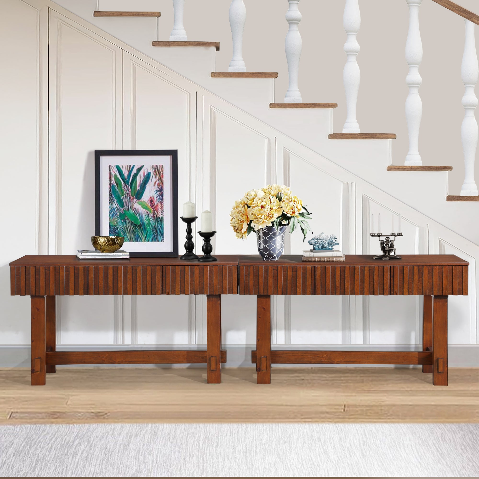 52 Inch Sofa Table with Storage Drawers and Solid Wood Legs Mid Century Farmhouse Fluted Console Table for Living Room In Cherry