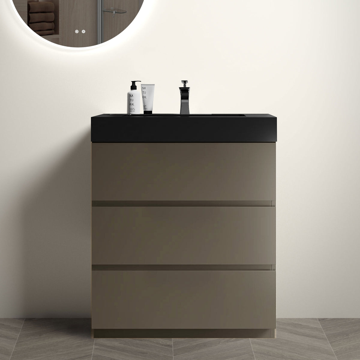 30 Gray Bathroom Vanity with Sink, Large Storage Freestanding Design, One-Piece Black Sink Basin, Pre-assembled In Gray