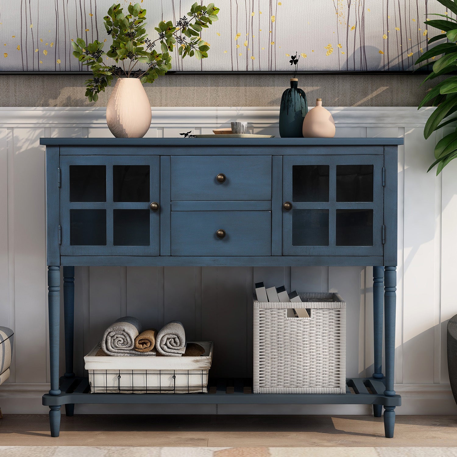 42" Farmhouse Navy Wood Glass Sideboard & Console Table