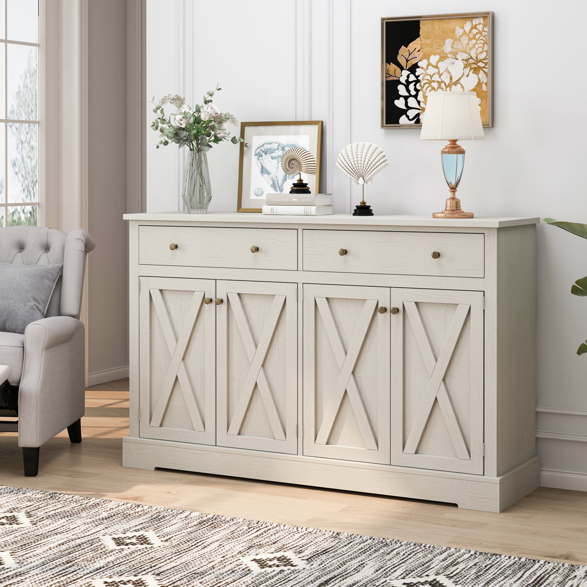 55" White Vintage Sideboard with Farmhouse Style