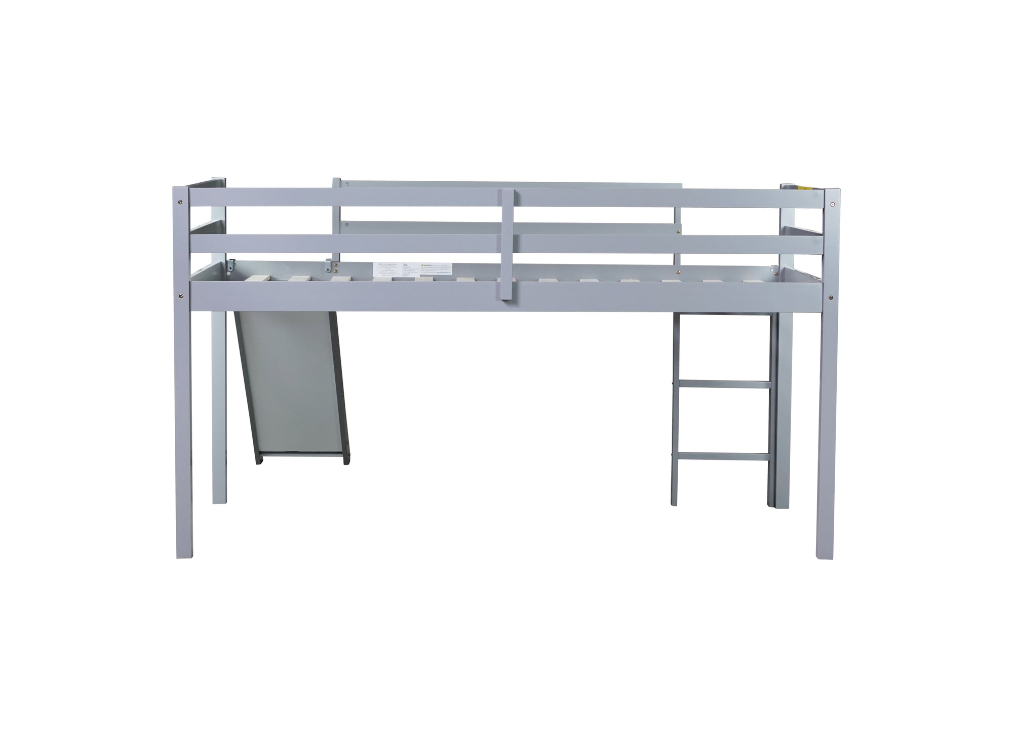 Gray Twin Low Loft Bed with Slide, Ladder, and Guardrails