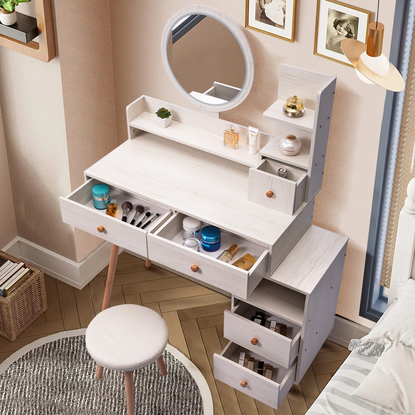 Stylish Vanity Table With Cushioned Stool And LED Mirror, Large Capacity Storage Cabinet With 5 Drawers In American White Oak