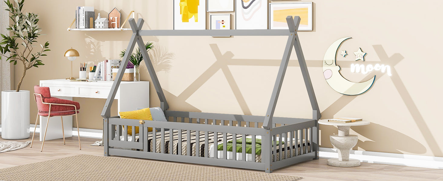 Gray Twin Tent-Shaped Toddler Floor Bed with Guardrails, Slats, and Door