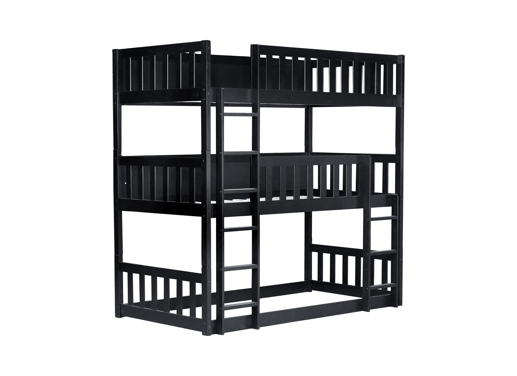 Black Twin Size Triple Rubber Wood Bunk Bed with Ladders and Detachable Design