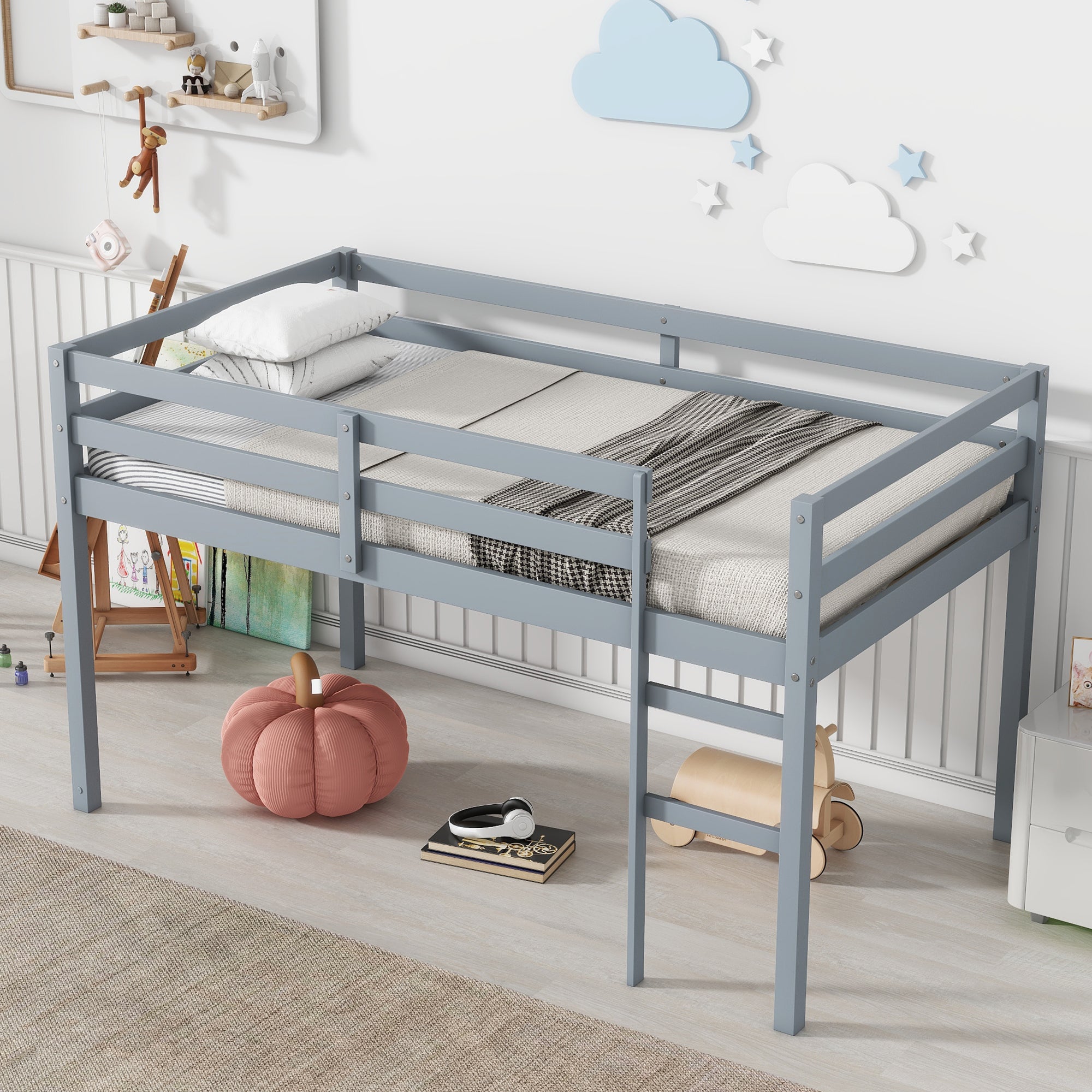 Gray Twin Loft Bed with Ladder in Rubber Wood