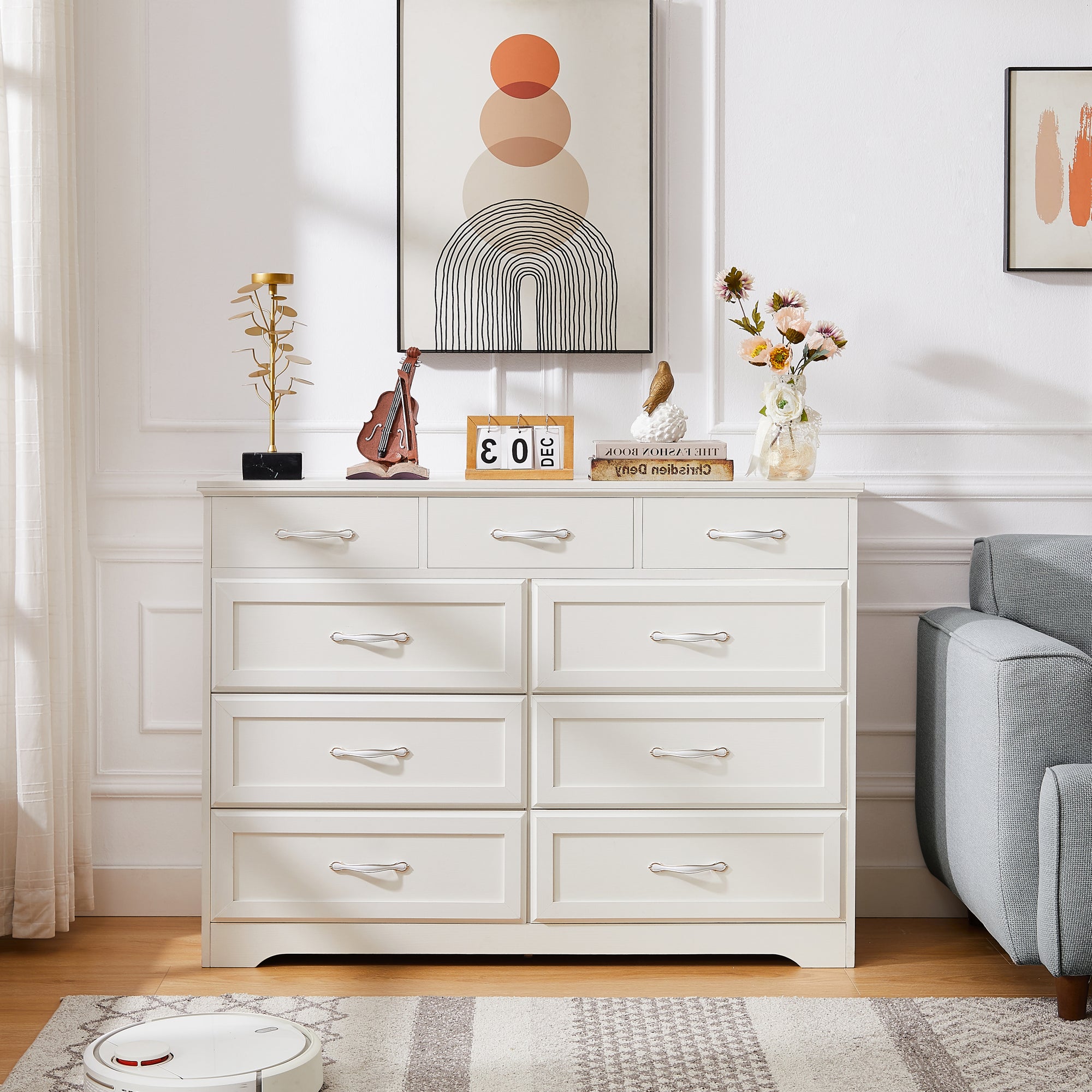 Wood 9 Drawer Bedroom Dresser with Antique Handles In White