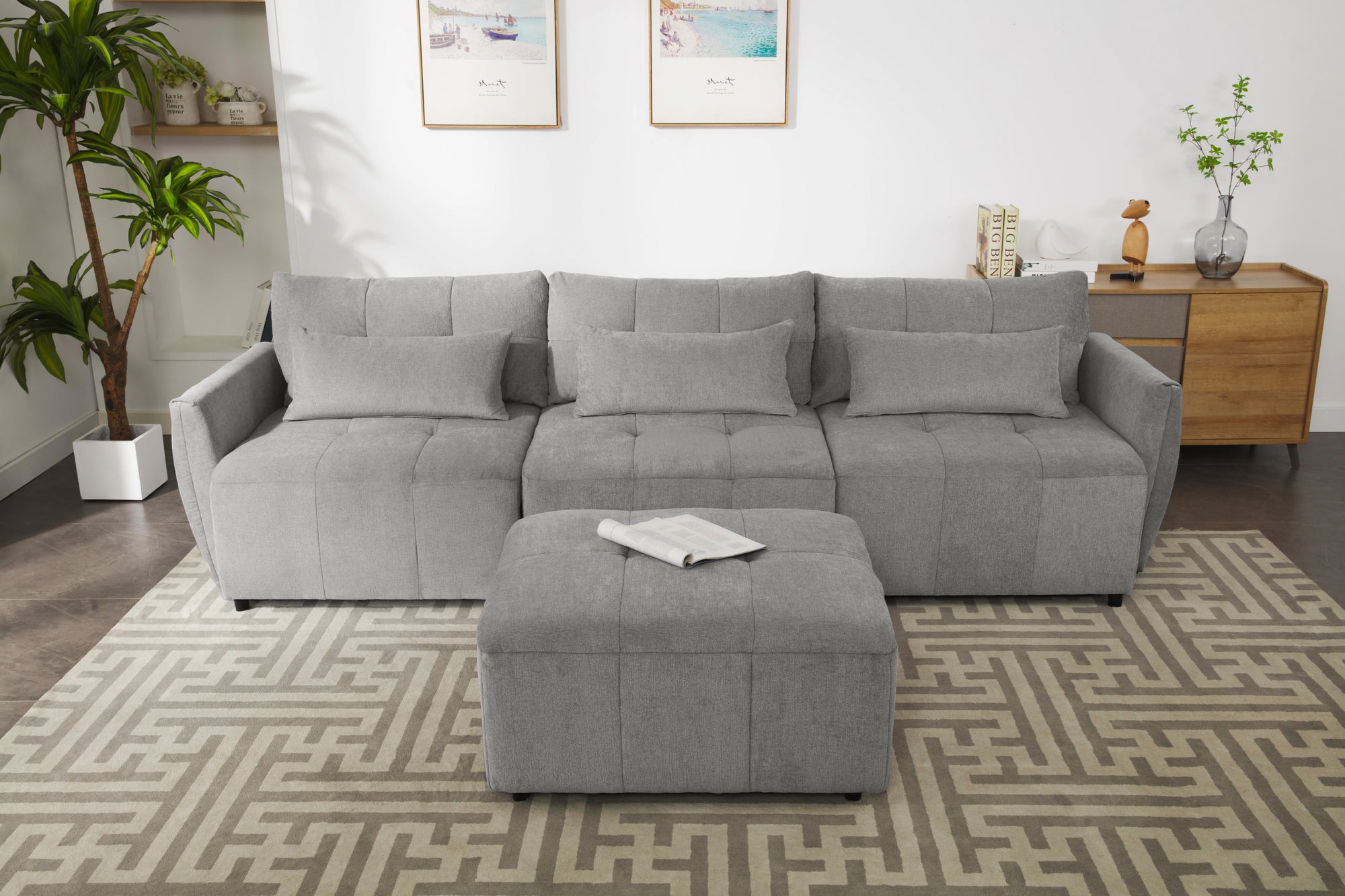 Khartoum Sectional Sofa with Movable Ottoman in Grey Chenille