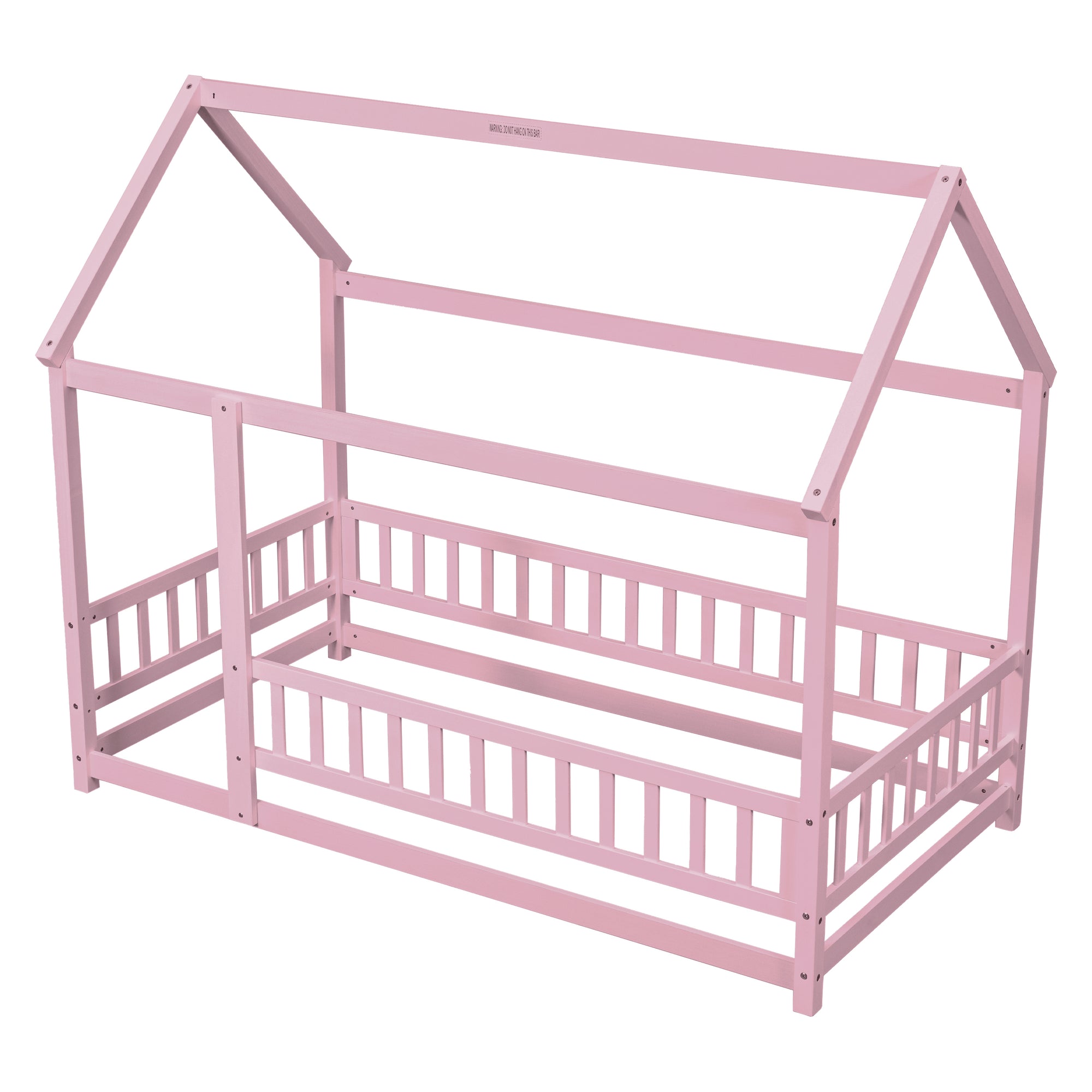 Pink Twin Size Toddler Floor Wooden Bed with House Roof Frame and Fence Guardrails