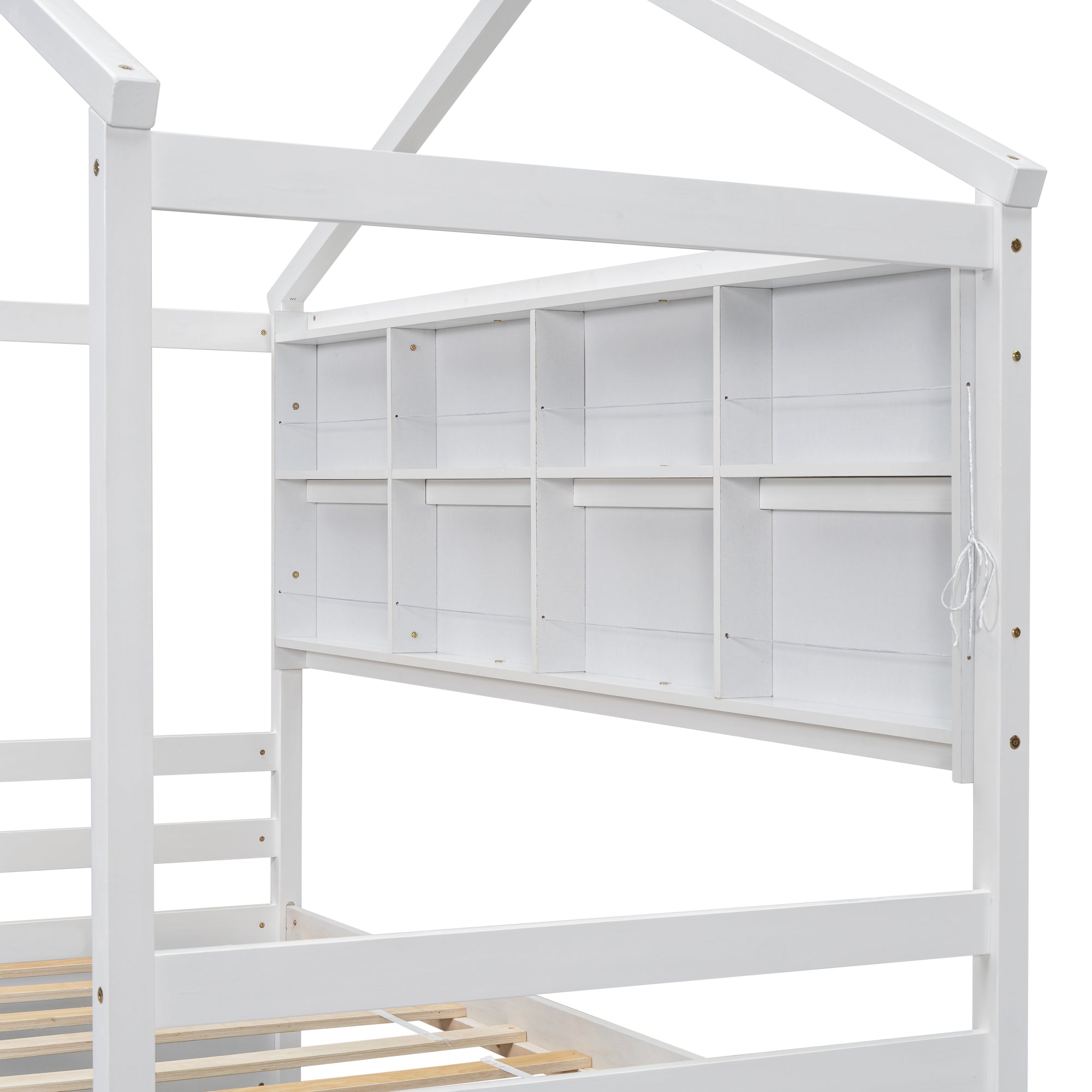 Twin Bed with Roof, Bedside Shelves, and Under-Bed Storage in White