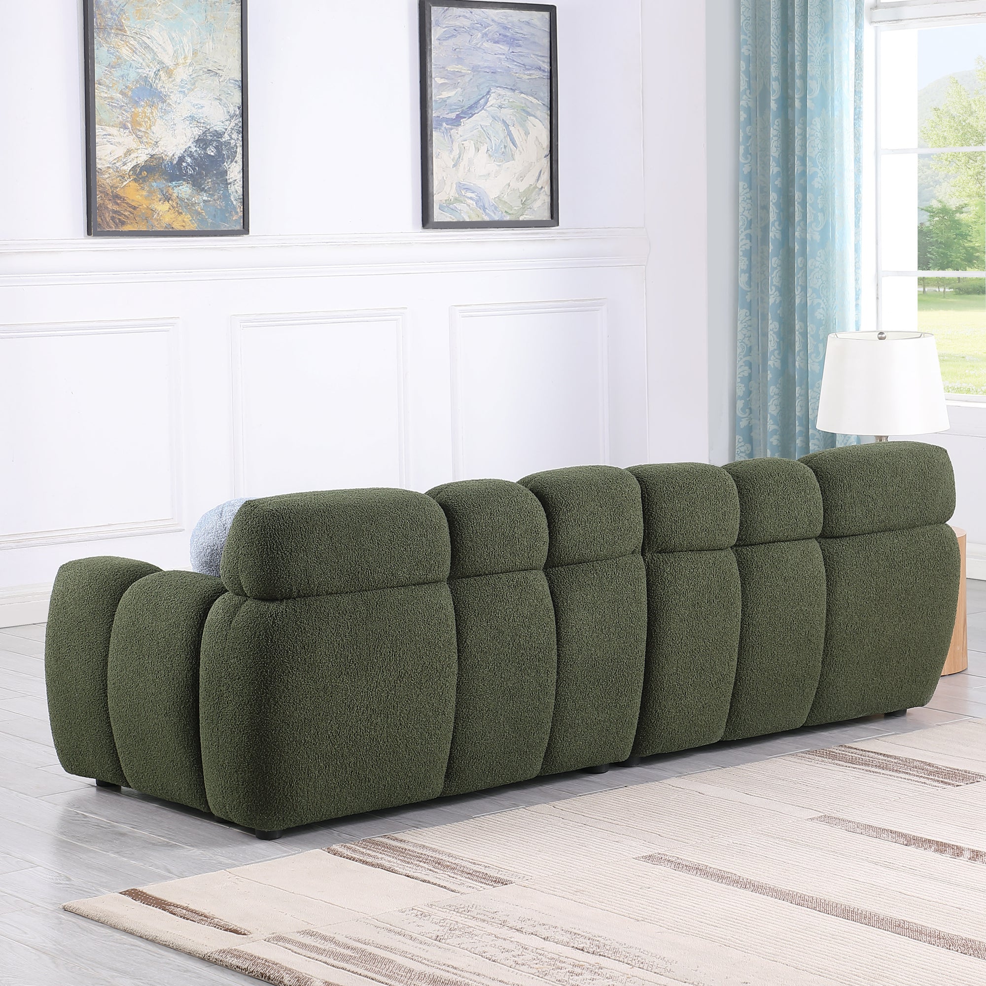 Olive Green Boucle 3-Seater Marshmallow Sofa with Rolled Arms & Plush Cushions