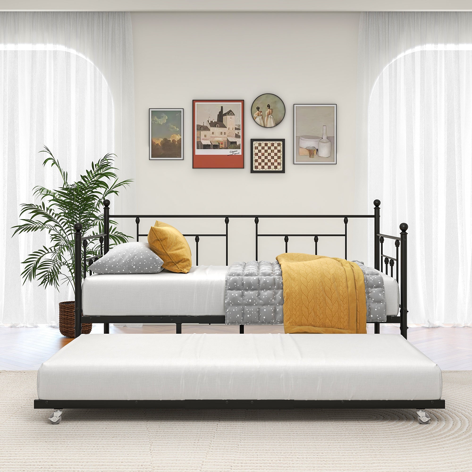 Sturdy Metal Twin Size Daybed Frame with Trundle Set for Guest Room and Living Room In Black