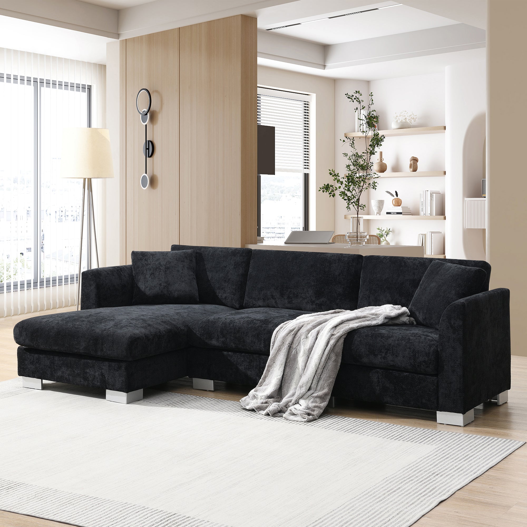 Black Chenille L-Shaped Sectional Sofa with Chaise Lounge and Aluminum Legs