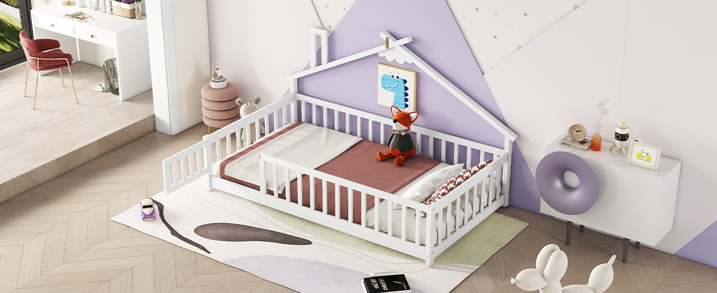 Twin House-Shaped Bedside Toddler Floor Bed with Guardrails, Slats & Door