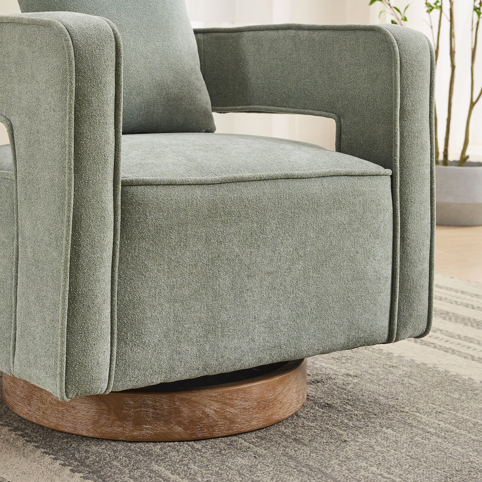 Pale Green Swivel Accent Chair with Weathered Solid Wood Base