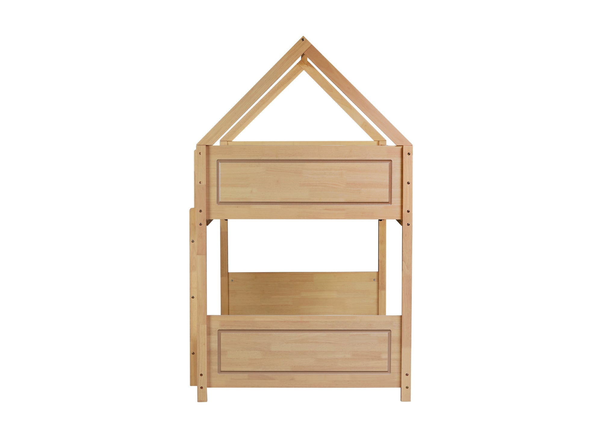 White Oak Twin Over Twin House Floor Bunk Bed with Headboards, Footboards, Guardrails, and Ladder