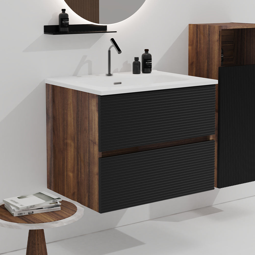 Wall Mounted Soft Black Walnut Bathroom Vanity with Integrated Ceramic Sink Large Storage Floating Design In Black and Walnut