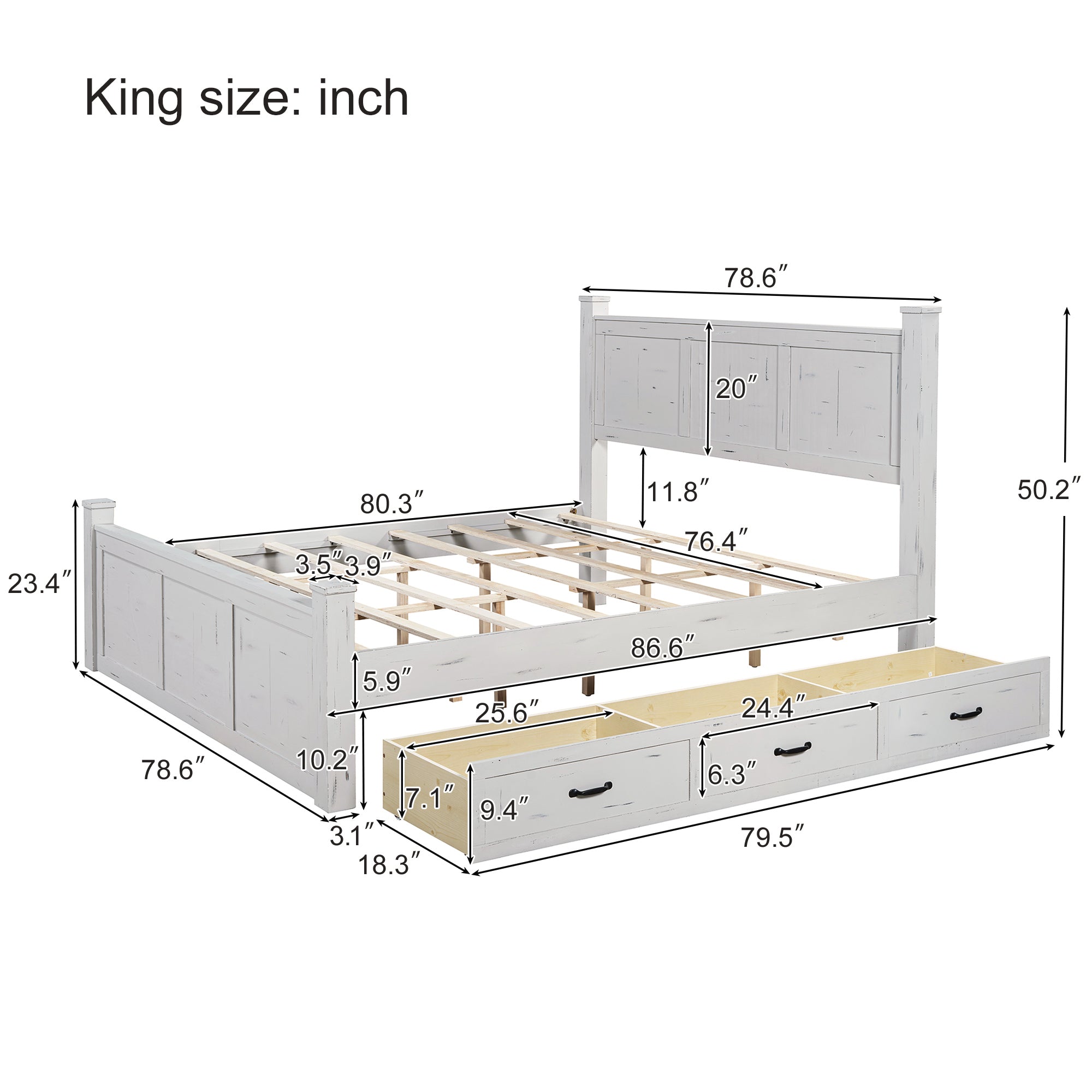 Ancient White King Size Farmhouse Bed with Storage Drawers