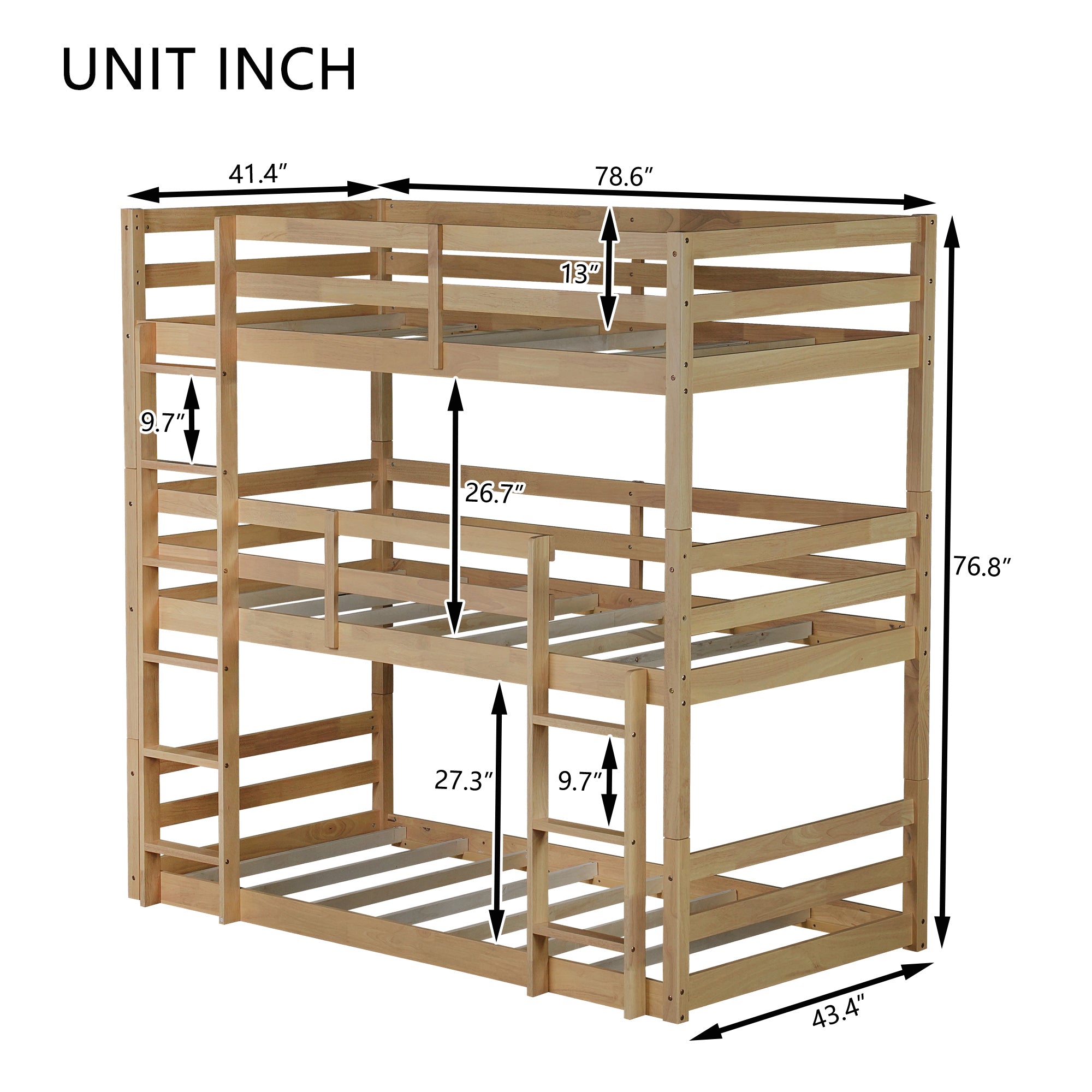 Triple Wood Bunk Bed with Two Built-in Ladders and Guardrails