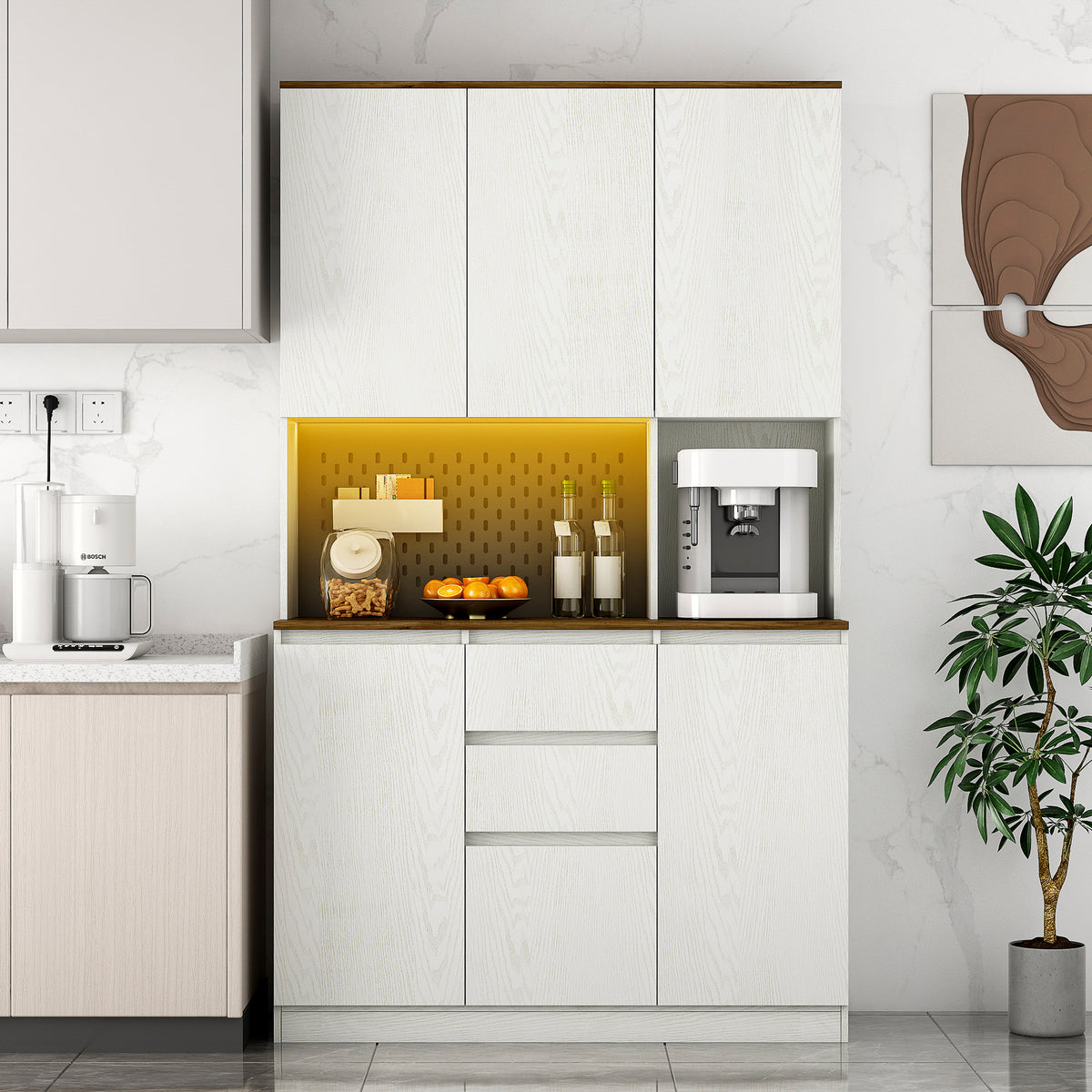 Modern 74&#39; Kitchen Pantry Cabinet with Charging Station and LED Lights In White