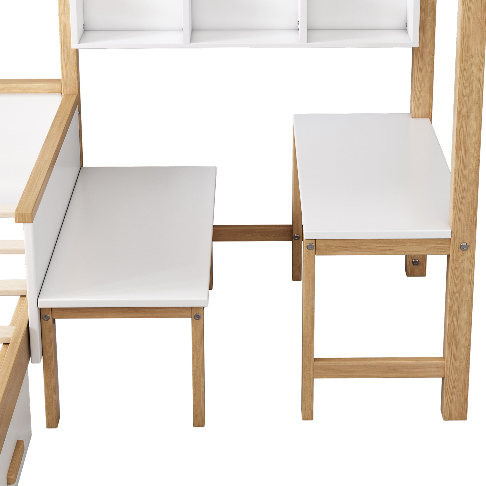 White & Wood Frame Full Size Wooden House Bed with Desk with Drawer, Desk and Bookshelf for Children