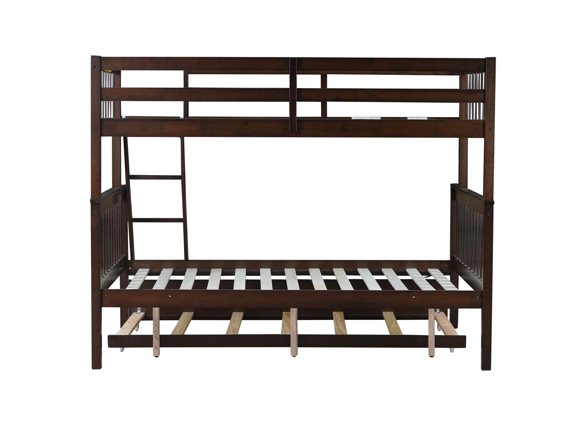 Espresso Twin Over Full Rubber Wood Bunk Bed with Trundle and Detachable Design