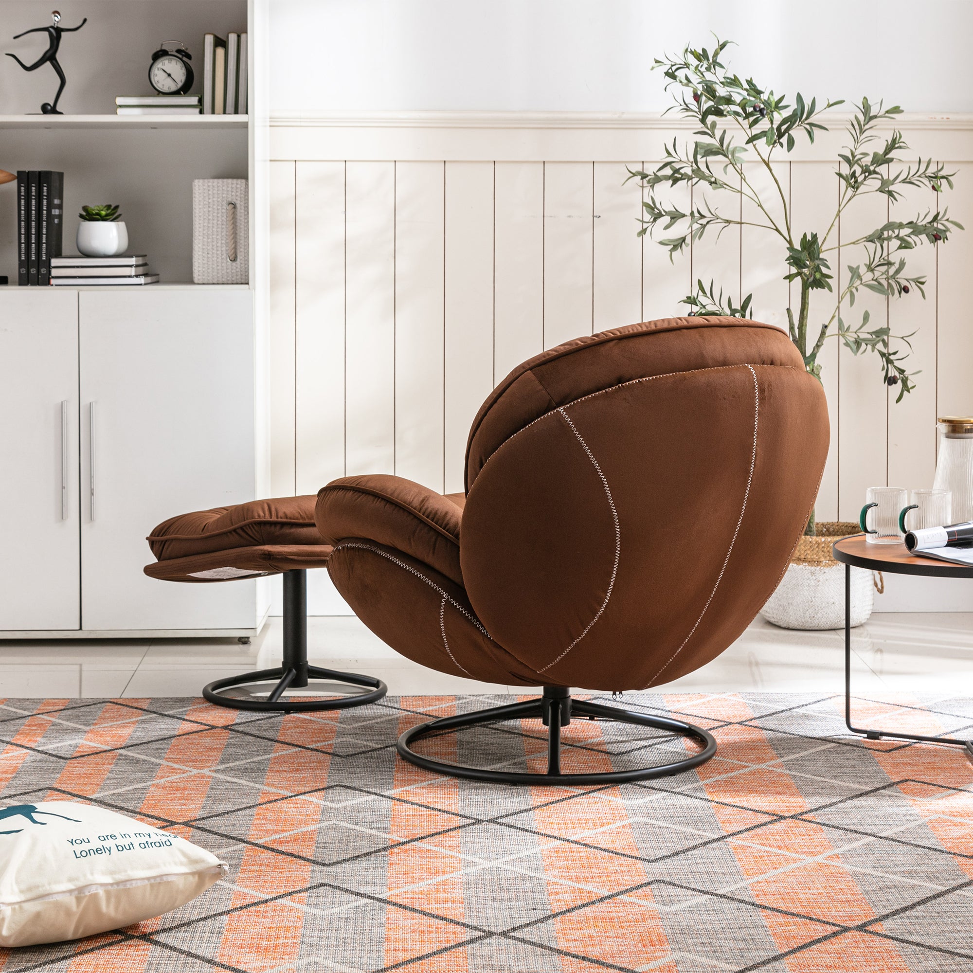 Brown Velvet Upholstered Chair with Ottoman