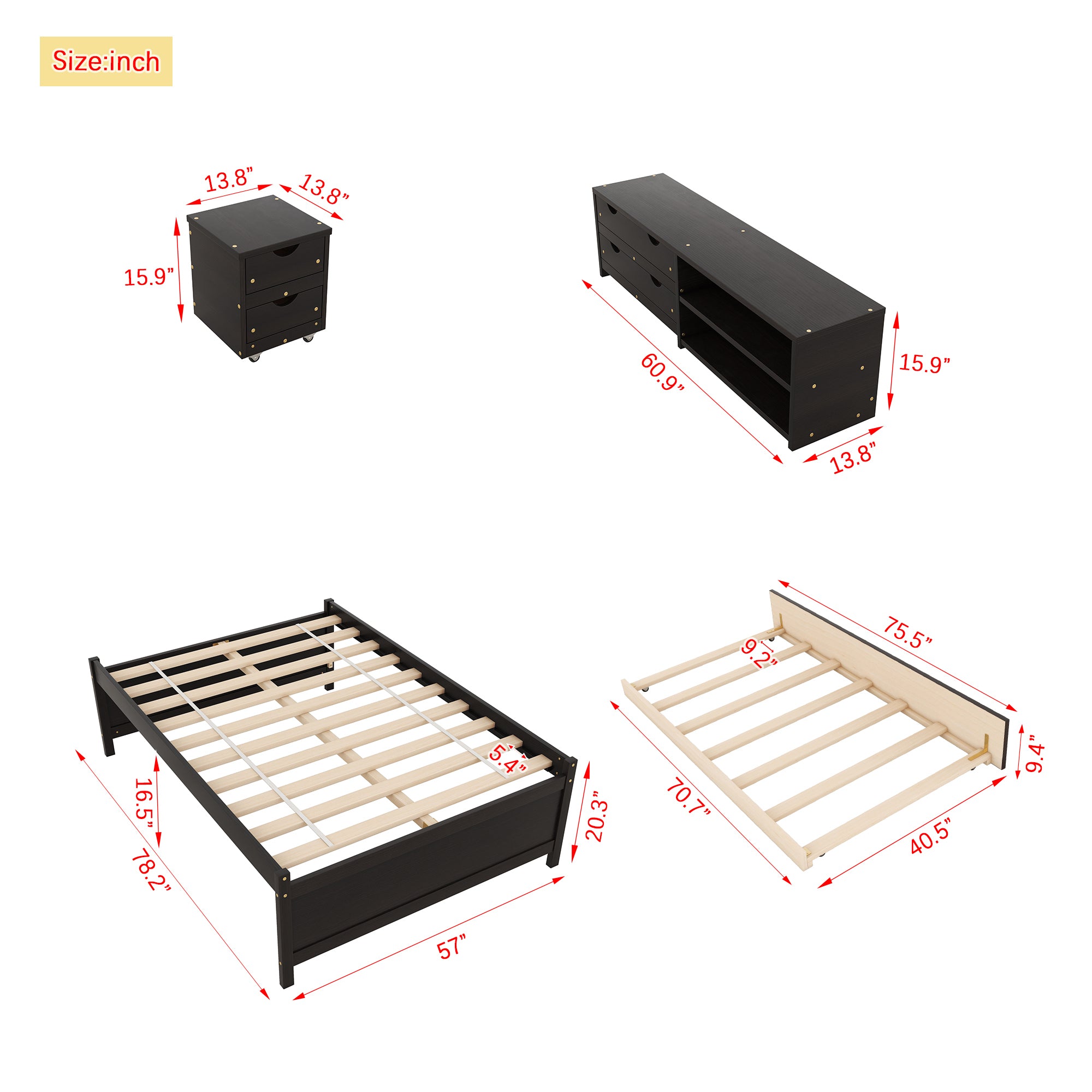 Full Bed with Trundle, Under-Bed Storage Box, and Nightstand in Espresso